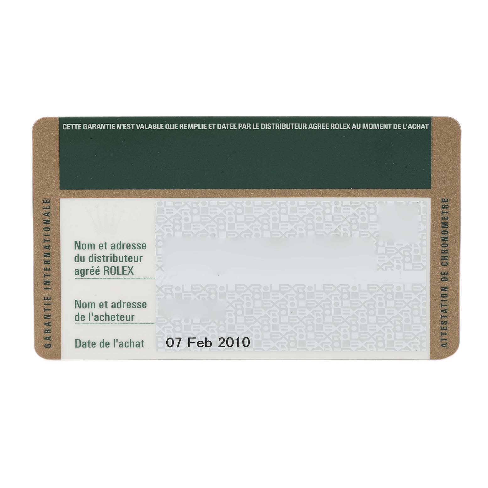 This image shows a Rolex Submariner 16610 Men's Stainless Steel Black Dial 16610 Men's Stainless Steel Black Dial warranty card displaying the date of purchase, dealer details, and authenticity information.