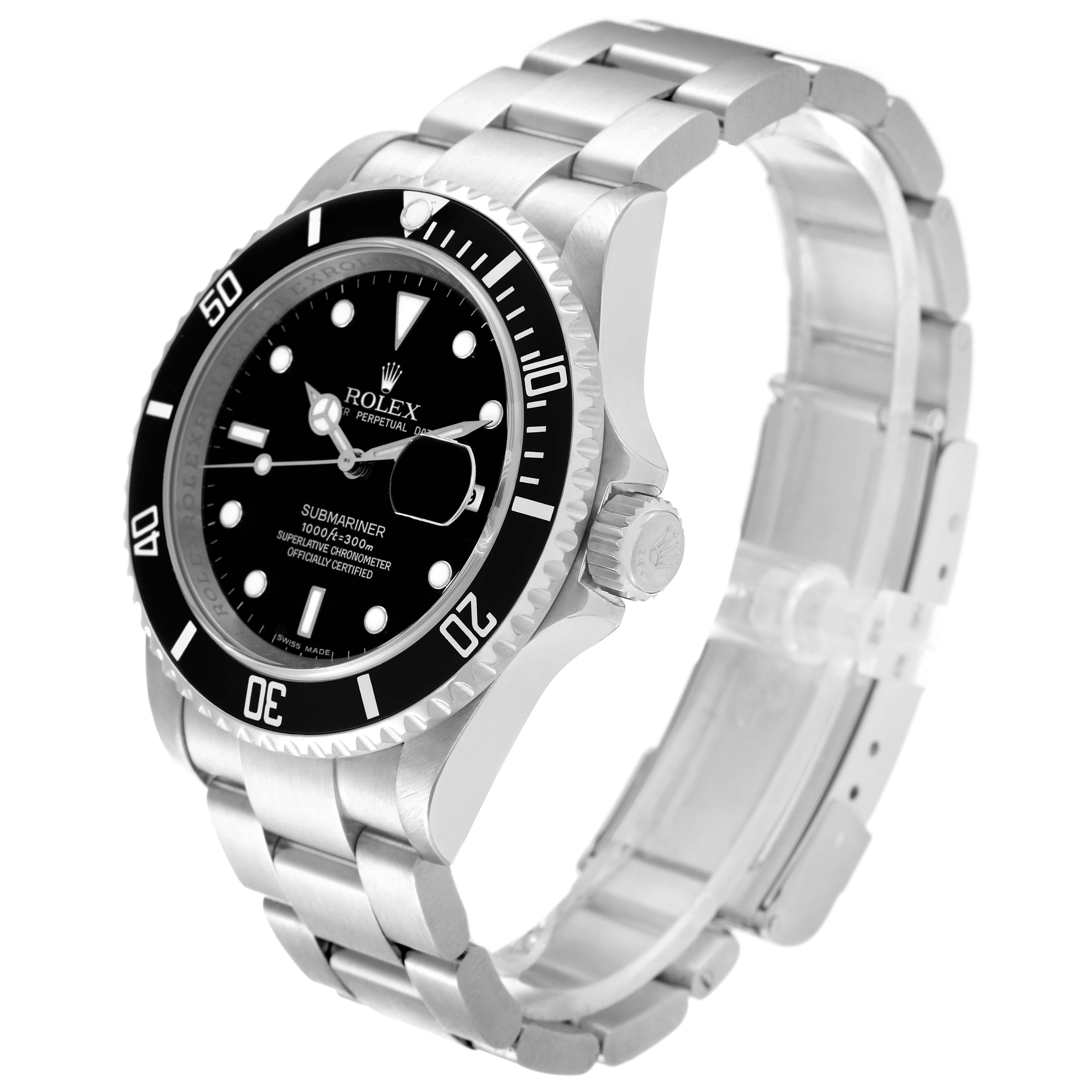 The image shows a Rolex Submariner 16610 Men's Stainless Steel Black Dial 16610 Men's Stainless Steel Black Dial watch from a side angle, displaying the bezel, dial, crown, and bracelet.