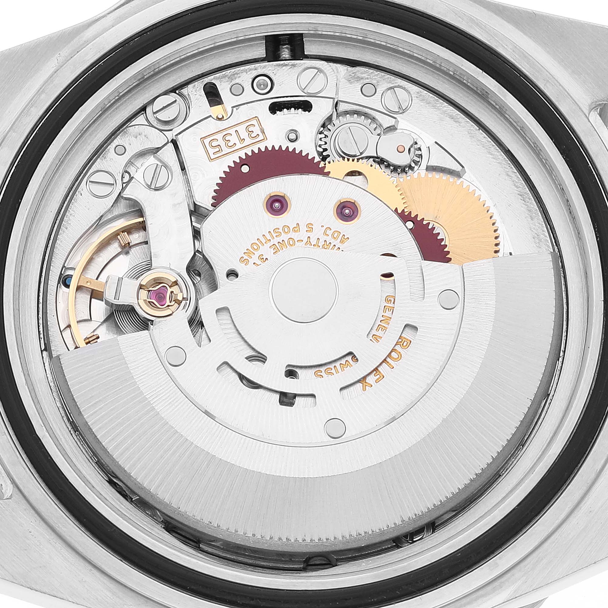 This is a close-up view of the internal movement mechanism of a Rolex Submariner 16610 Men's Stainless Steel Black Dial 16610 Men's Stainless Steel Black Dial watch.
