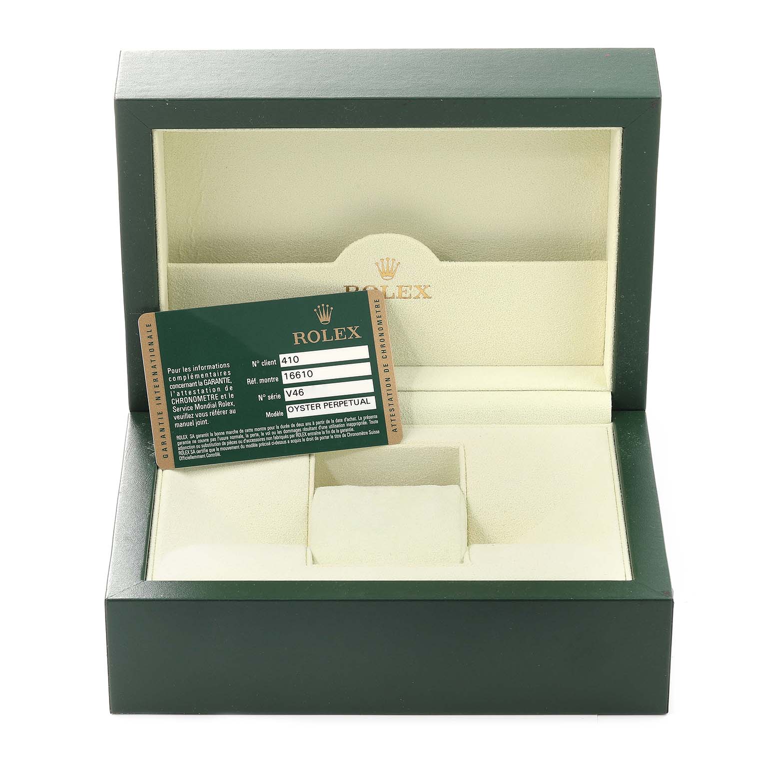 The image shows an open Rolex Submariner 16610 Men's Stainless Steel Black Dial 16610 Men's Stainless Steel Black Dial watch box with a Rolex warranty card placed inside.