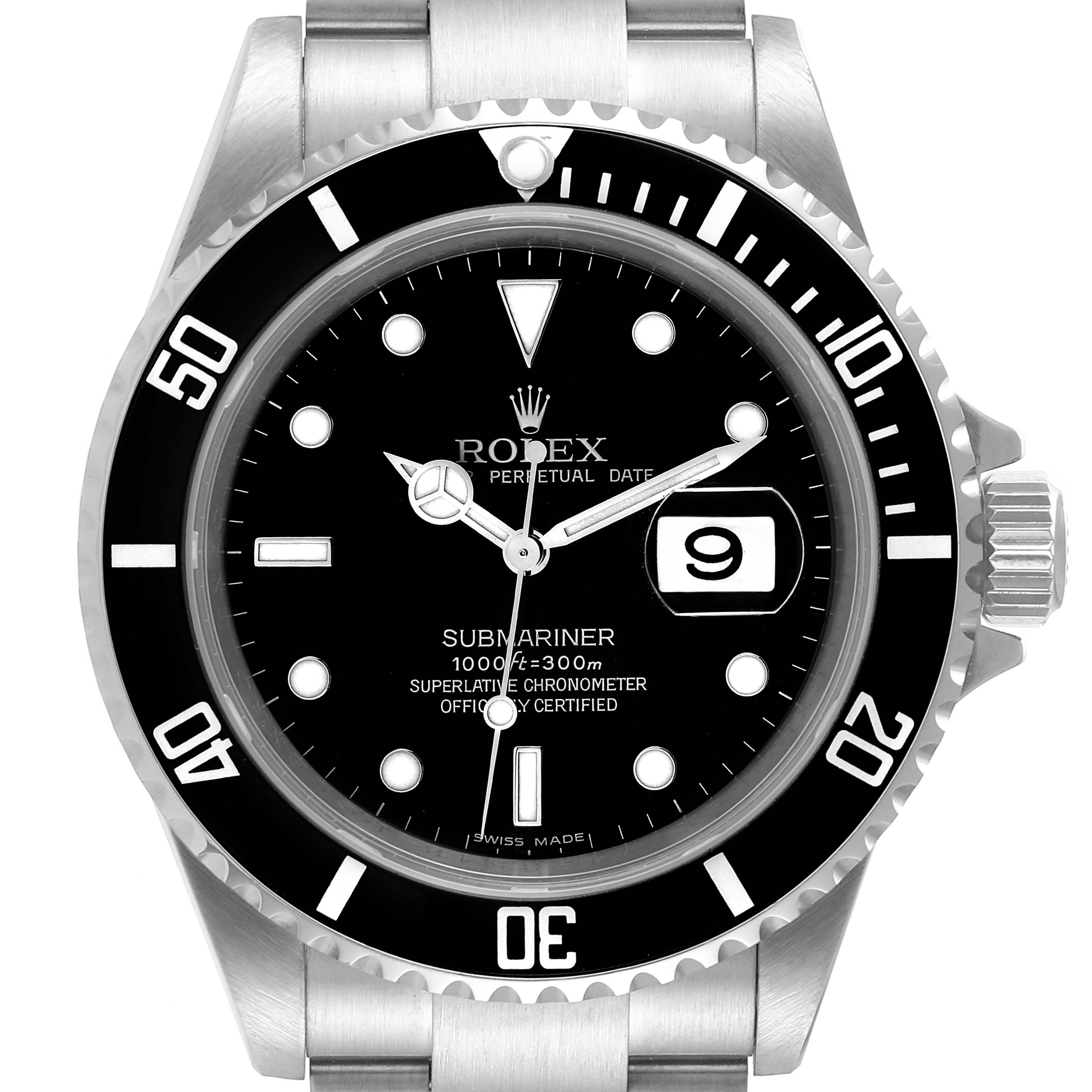 The image shows a frontal view of a Rolex Submariner 16610 Men's Stainless Steel Black Dial 16610 Men's Stainless Steel Black Dial watch, including the dial, bezel, case, and band hinge.