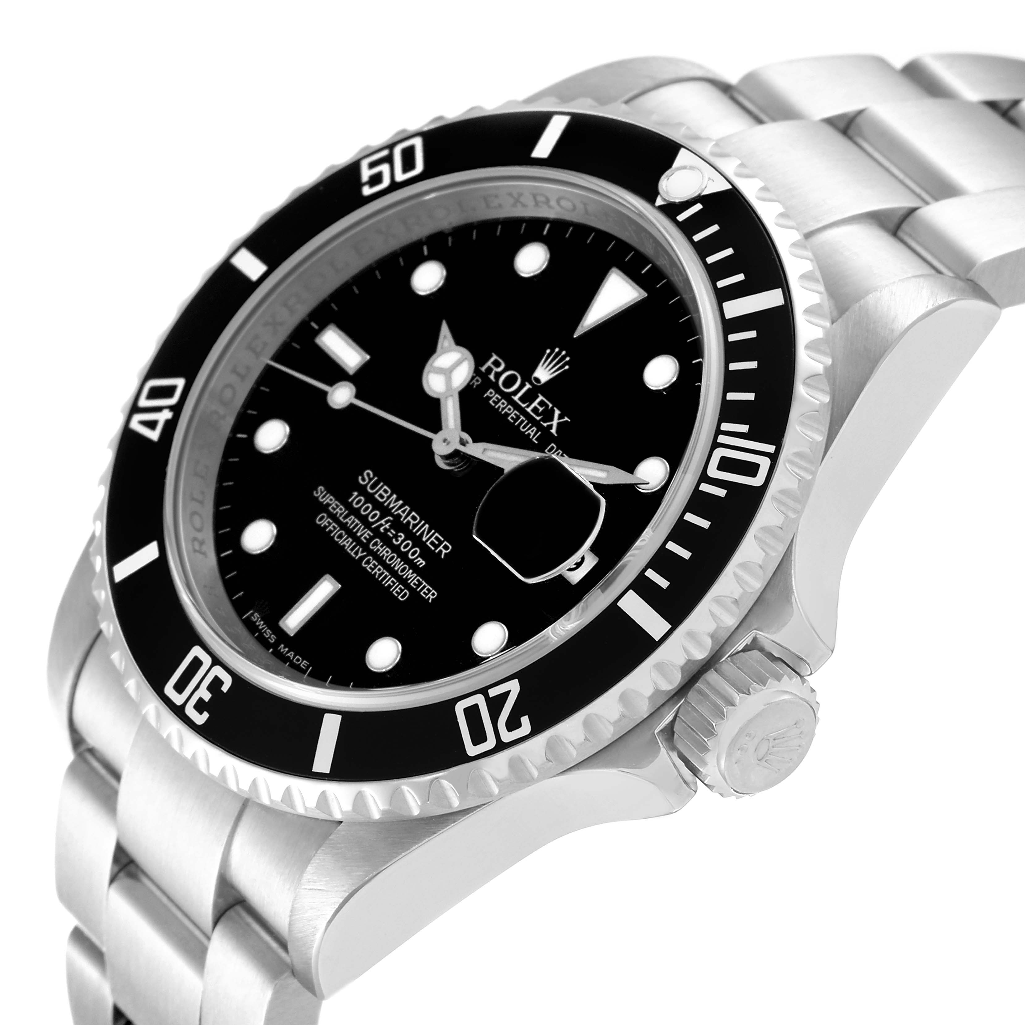 This image shows a Rolex Submariner 16610 Men's Stainless Steel Black Dial 16610 Men's Stainless Steel Black Dial watch at an angled side view, highlighting the bezel, dial, crown, and part of the bracelet.