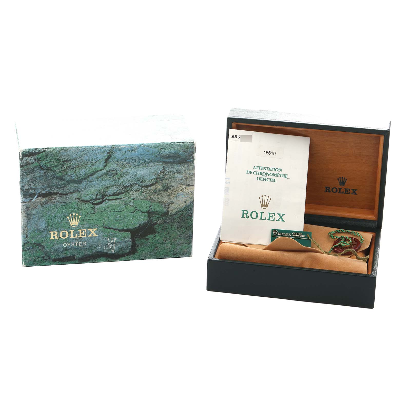 The image shows a Rolex Submariner 16610 Men's Stainless Steel Black Dial's box, papers, and tags from a top-angle view, with no watch visible.