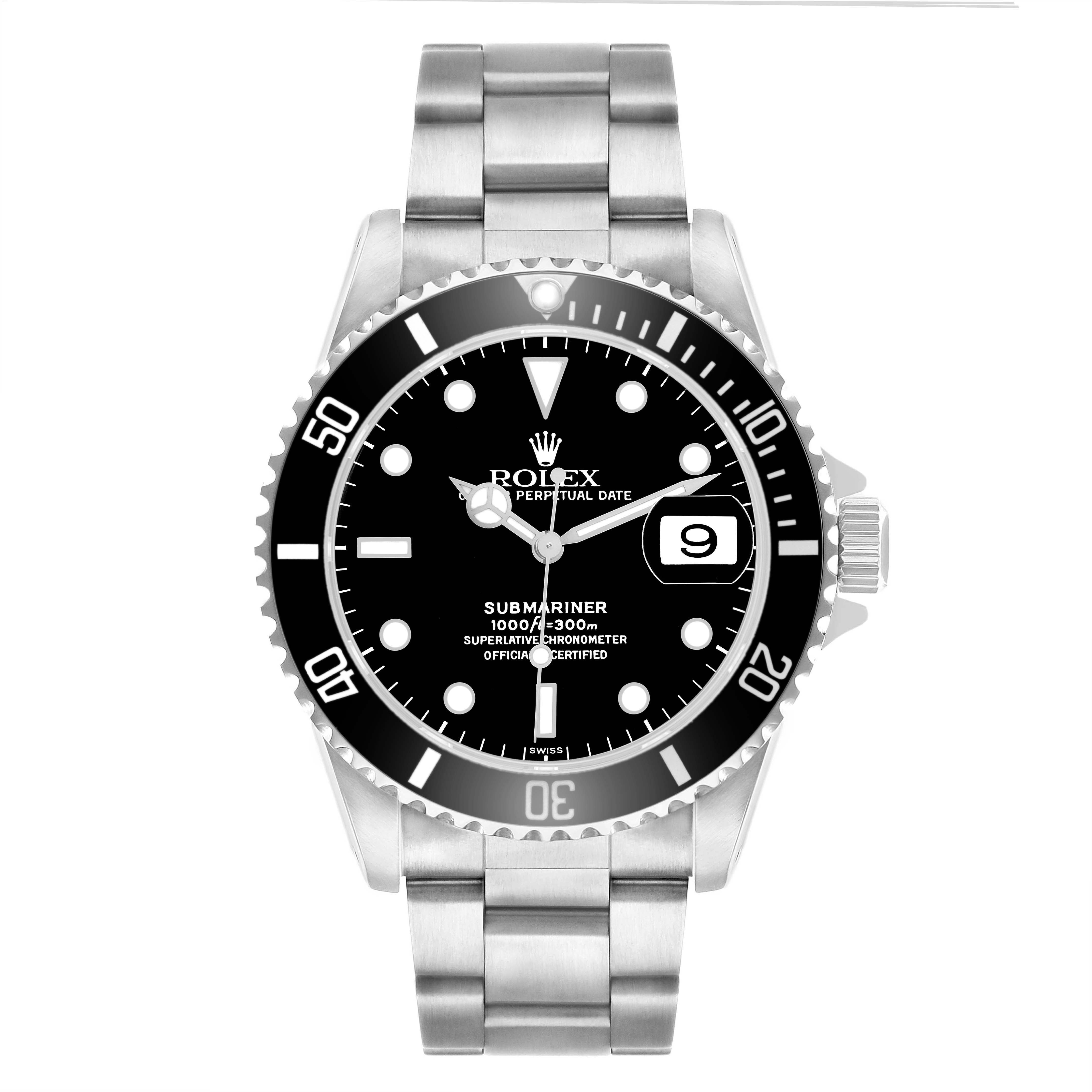 The Rolex Submariner 16610 Men's Stainless Steel Black Dial watch is shown from a front angle, displaying the dial, bezel, crown, and bracelet.