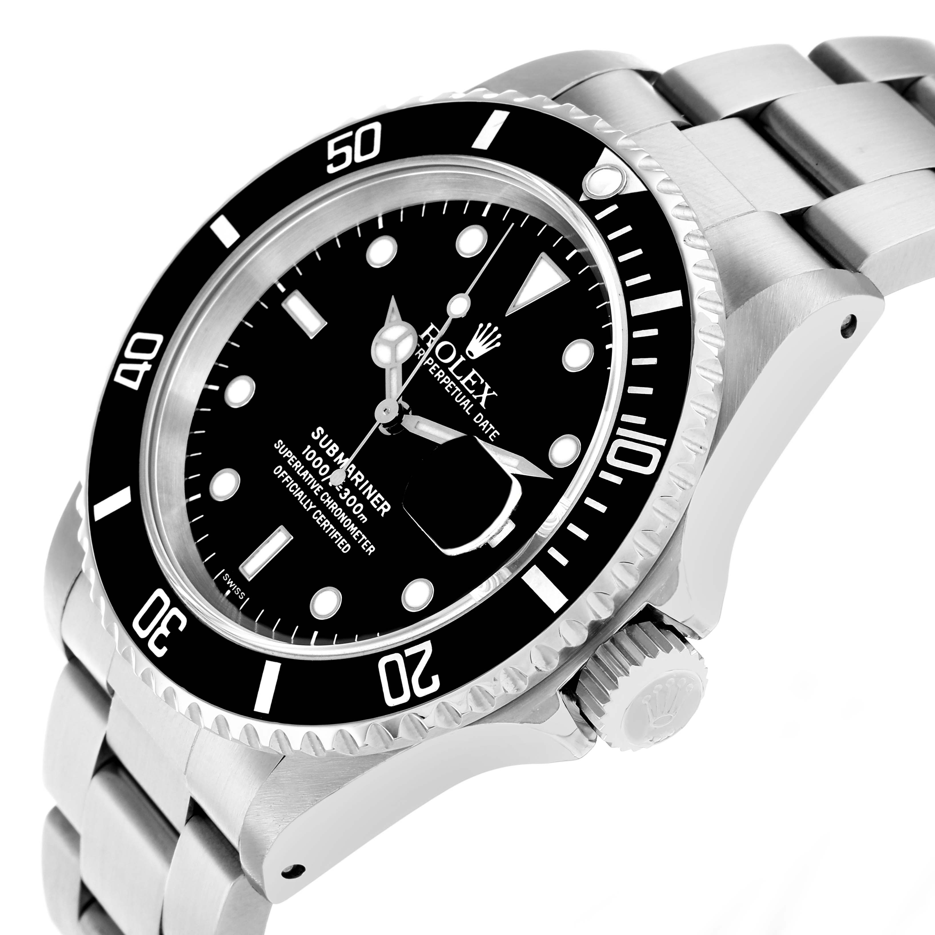 The Rolex Submariner 16610 Men's Stainless Steel Black Dial watch is shown at an angle highlighting the dial, bezel, crown, and part of the bracelet.