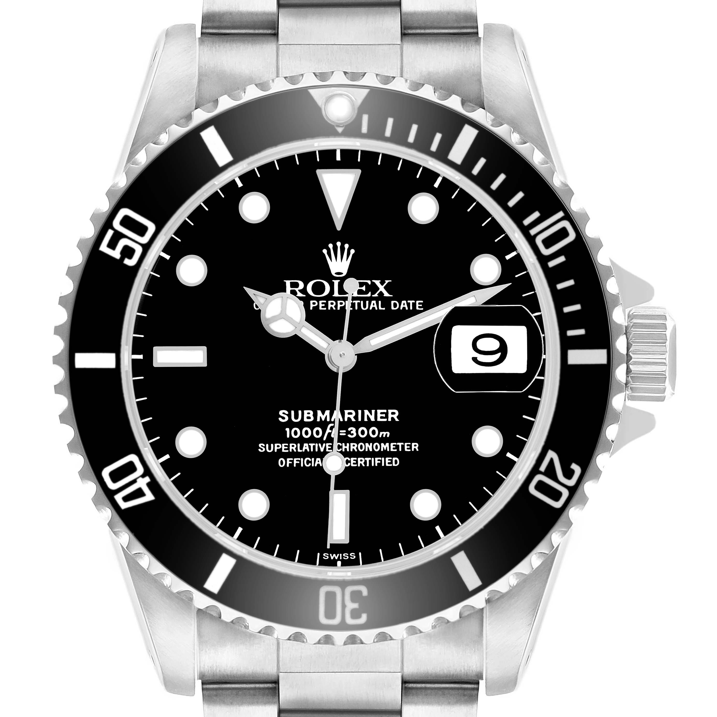 The Rolex Submariner 16610 Men's Stainless Steel Black Dial watch is shown from a front angle, displaying the dial, bezel, and part of the bracelet.