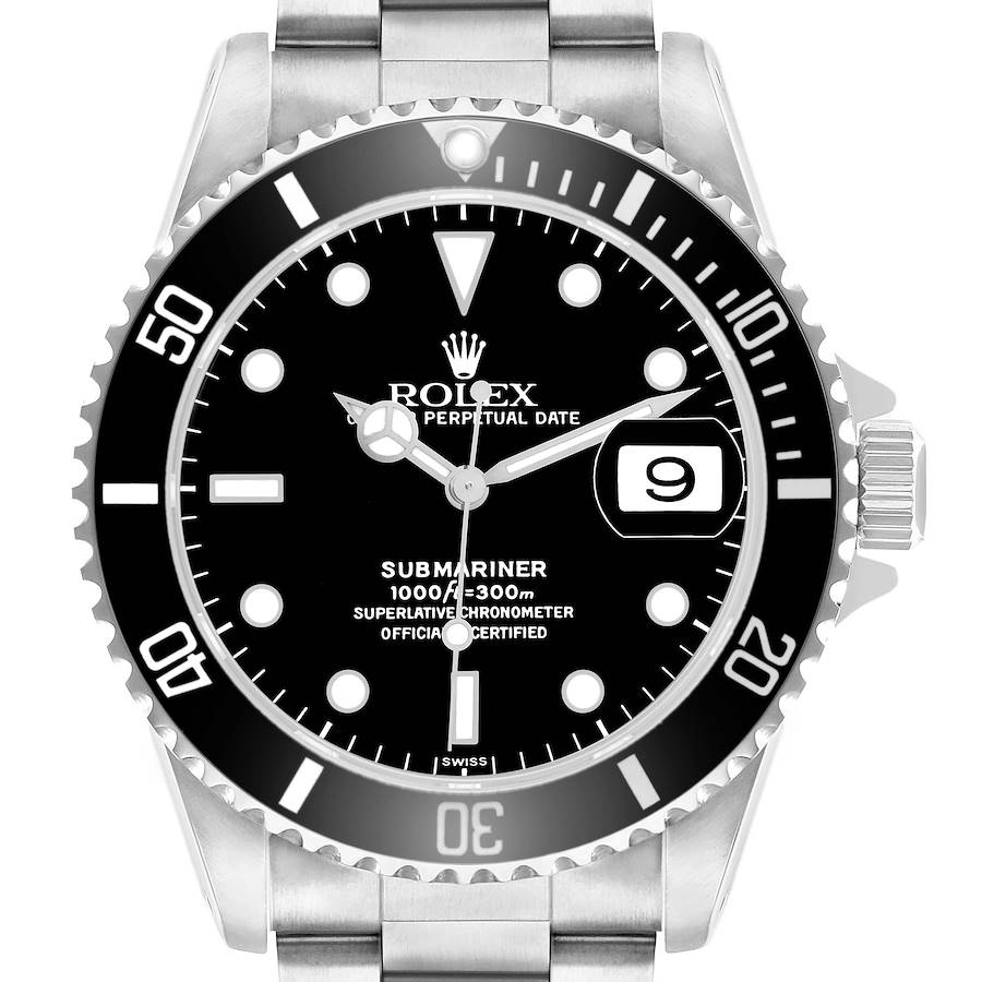 The Rolex Submariner 16610 Men's Stainless Steel Black Dial watch is shown from a front angle, displaying the dial, bezel, and part of the bracelet.