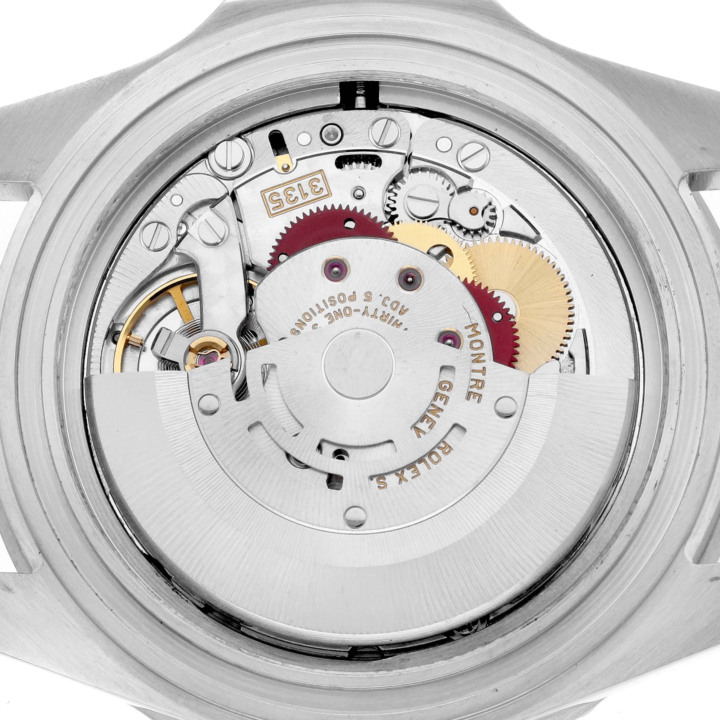 The image shows the internal mechanism of a Rolex Submariner 16610 Men's Stainless Steel Black Dial watch from the back, revealing gears and the rotor.