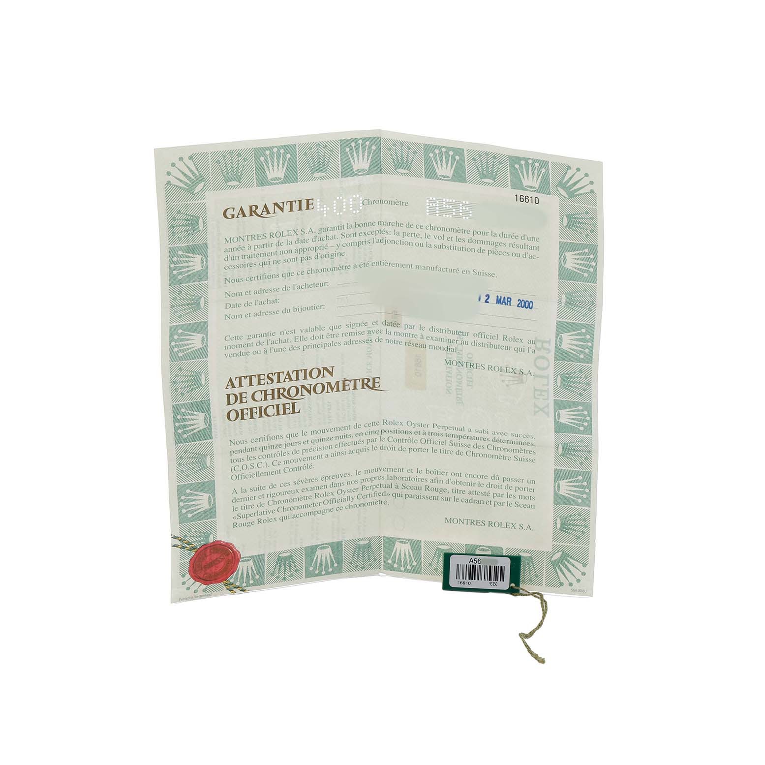 The image shows a Rolex Submariner 16610 Men's Stainless Steel Black Dial guarantee certificate, featuring text and a red seal.