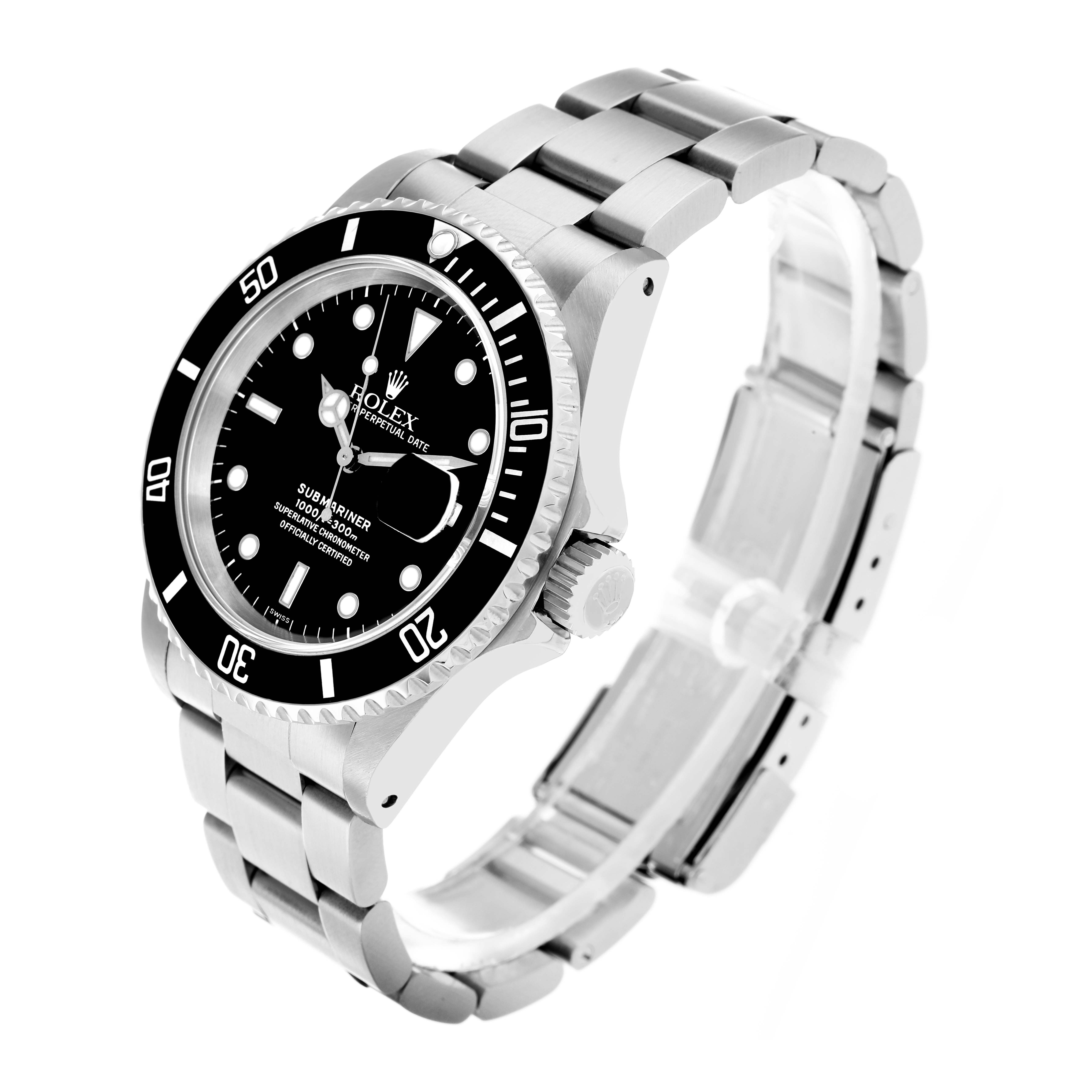 The Rolex Submariner 16610 Men's Stainless Steel Black Dial watch is shown at a three-quarter angle, highlighting the bezel, dial, bracelet, and crown.