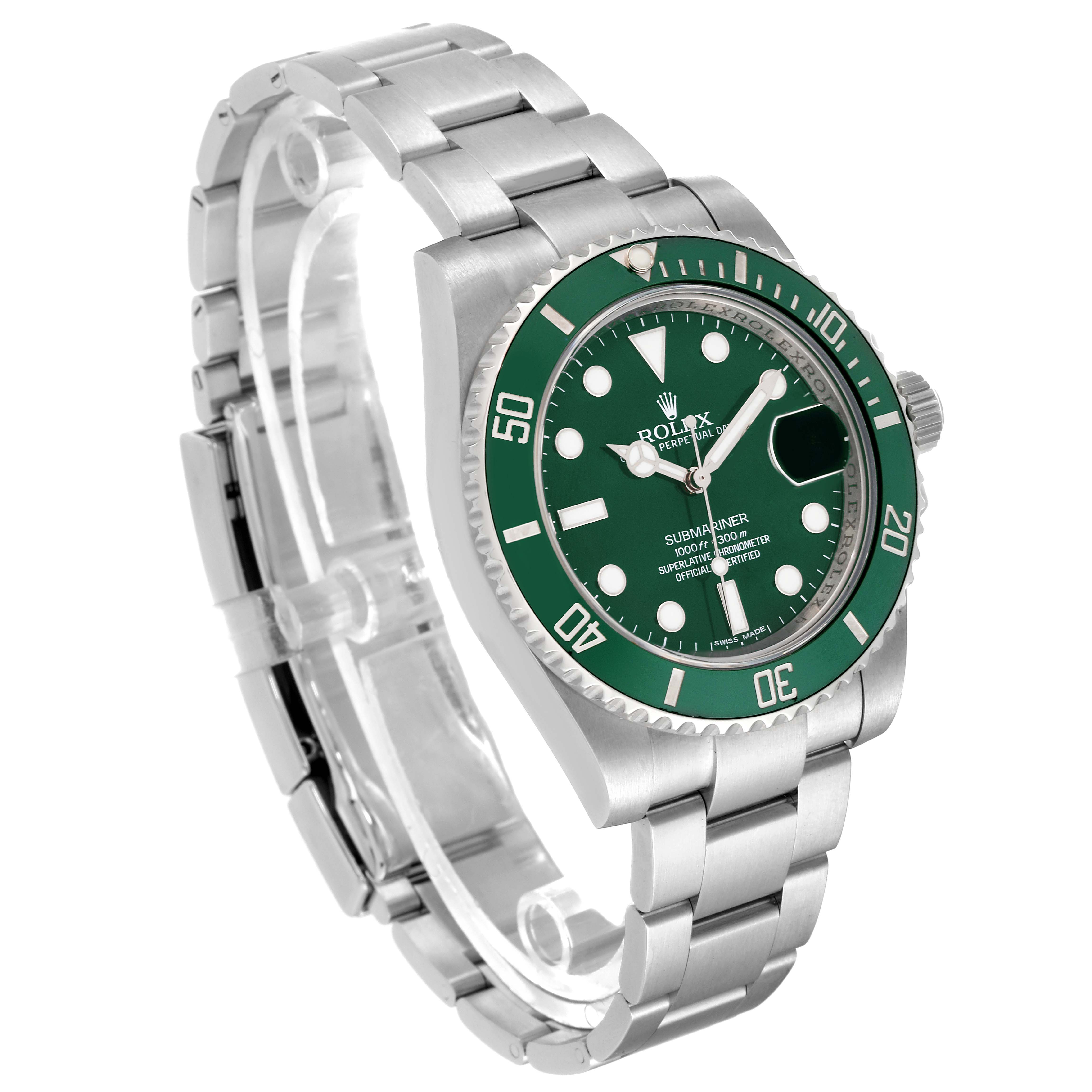 The image shows a Rolex Submariner 116610LV Men's Stainless Steel Green Dial 116610LV Men's Stainless Steel Green Dial watch angled from the front-left, highlighting the green bezel, dial, and steel bracelet.
