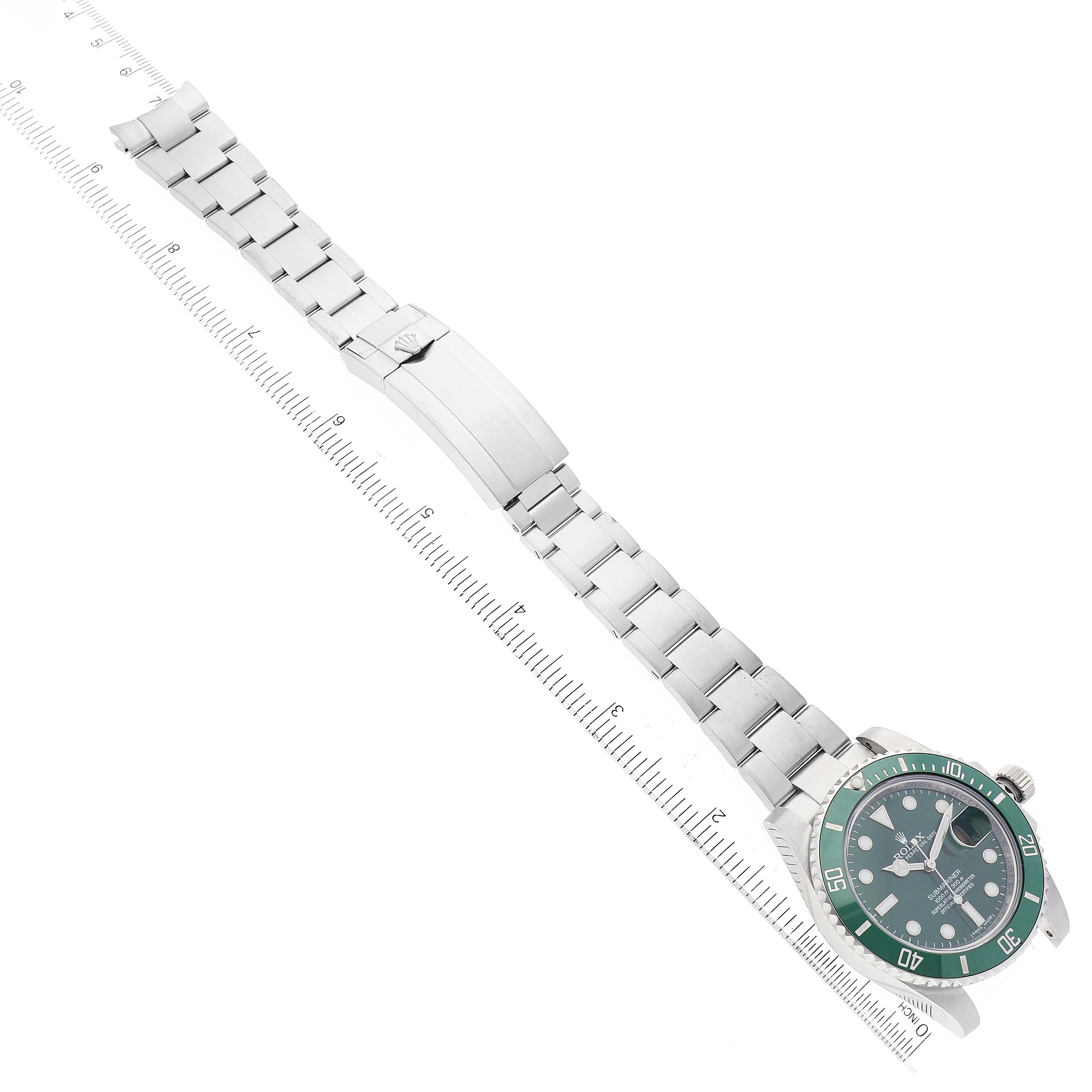 The image shows a Rolex Submariner 116610LV Men's Stainless Steel Green Dial 116610LV Men's Stainless Steel Green Dial watch from an aerial view, displaying the entire bracelet, clasp, and watch face.
