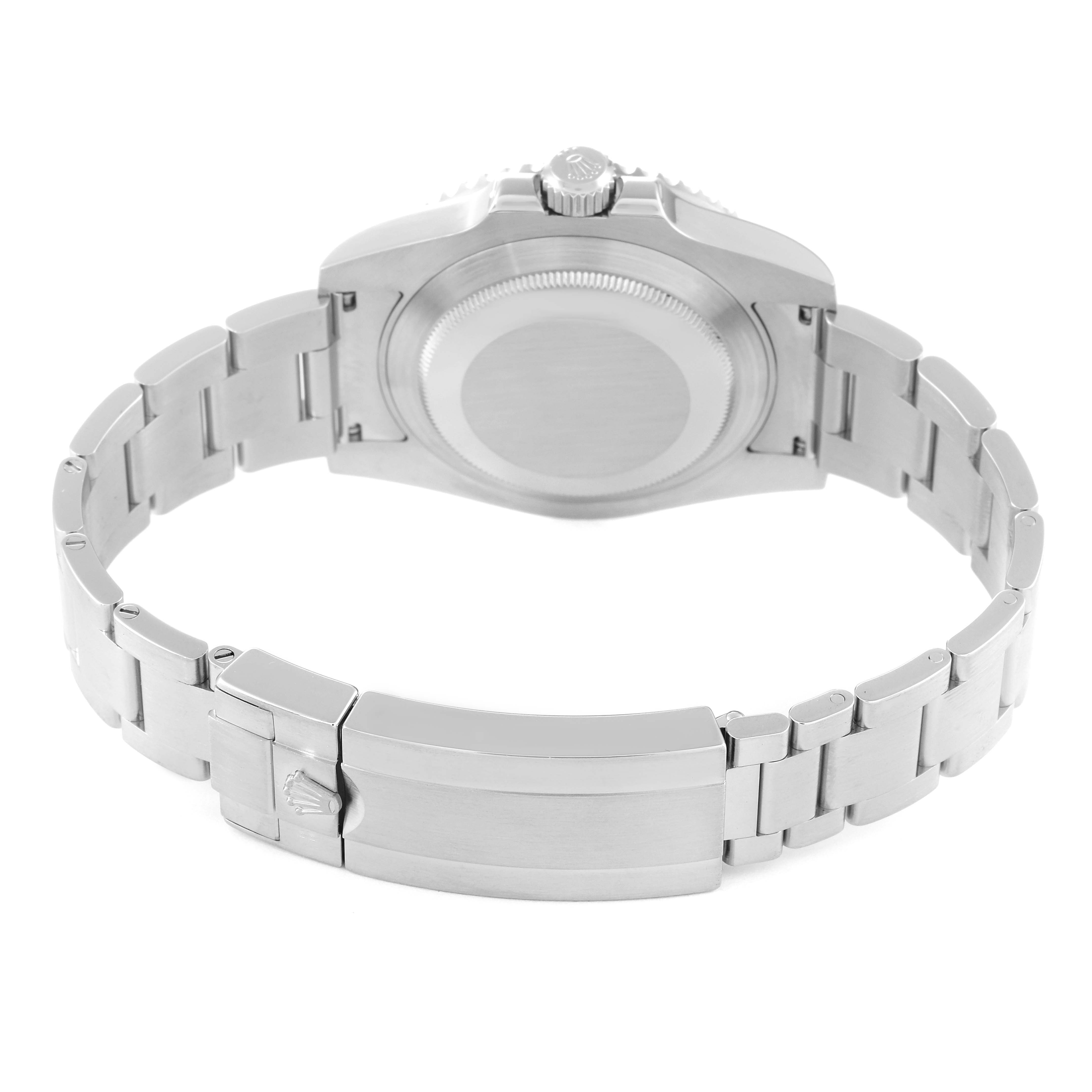 This image shows the back side of a Rolex Submariner 116610LV Men's Stainless Steel Green Dial 116610LV Men's Stainless Steel Green Dial watch, featuring its case, crown, and bracelet with the clasp.