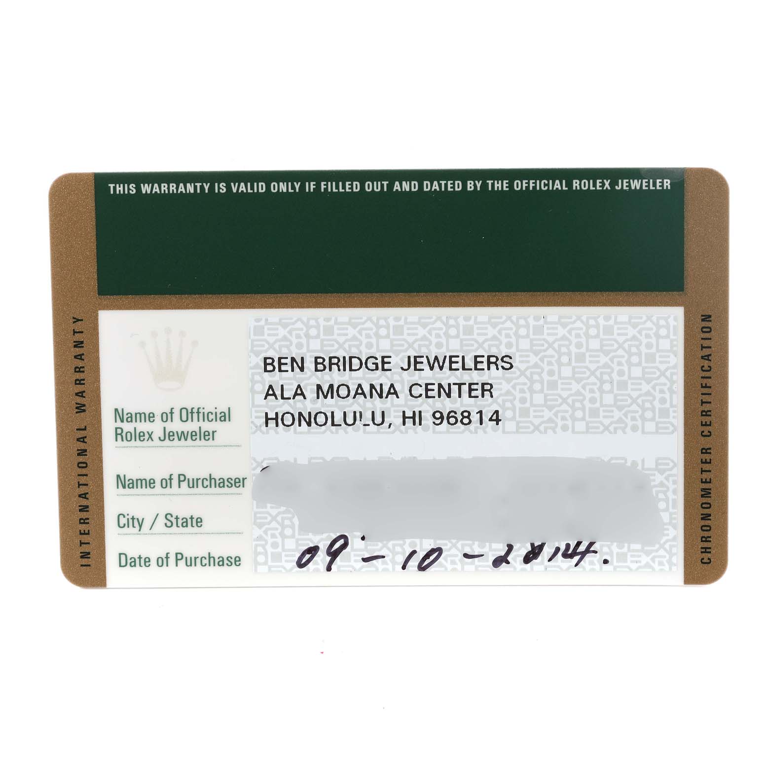 The image shows a warranty card for a Rolex Submariner 116610LV Men's Stainless Steel Green Dial 116610LV Men's Stainless Steel Green Dial, detailing the purchase and official jeweler information.