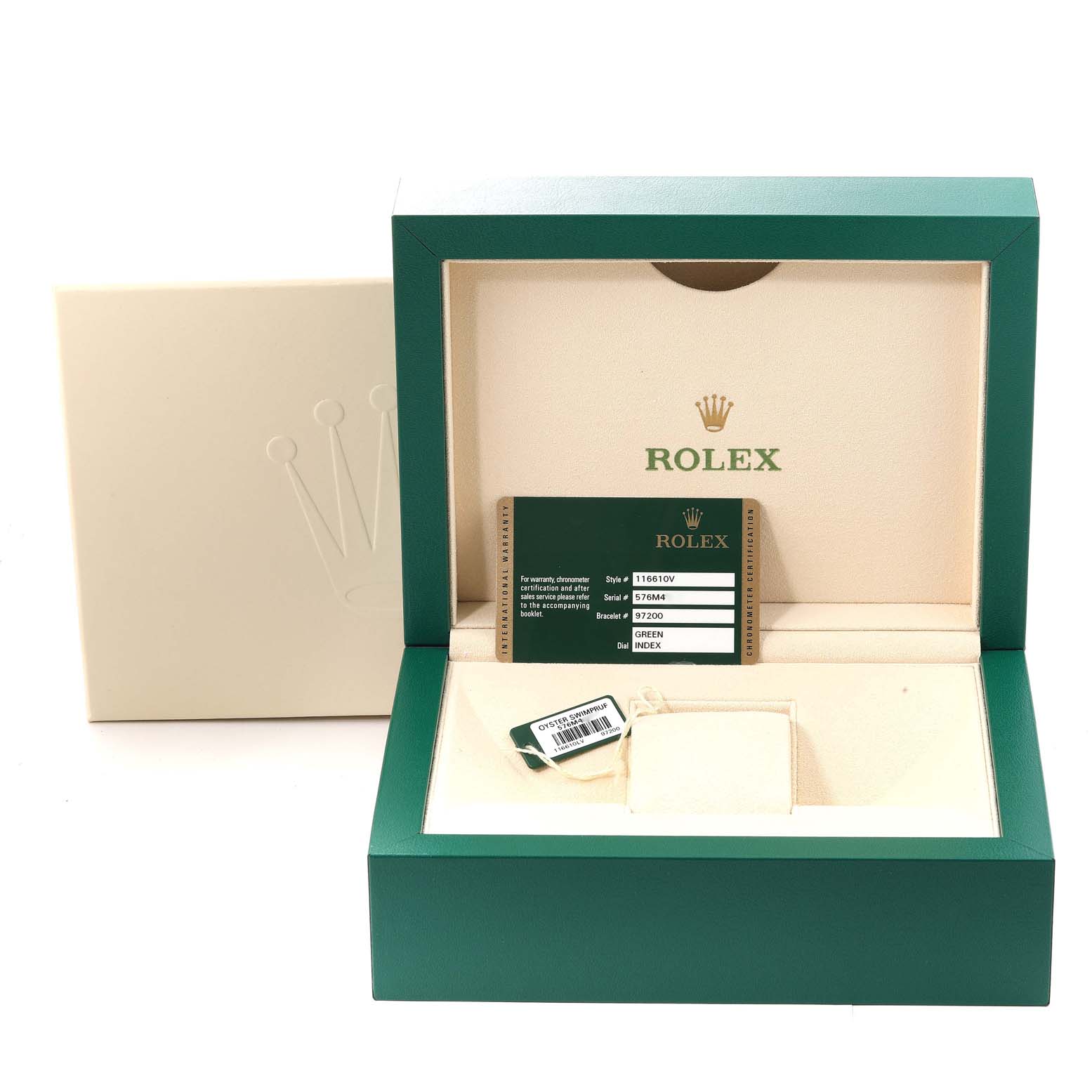 The image shows an open box for a Rolex Submariner 116610LV Men's Stainless Steel Green Dial 116610LV Men's Stainless Steel Green Dial watch, containing a certification card and a tag.
