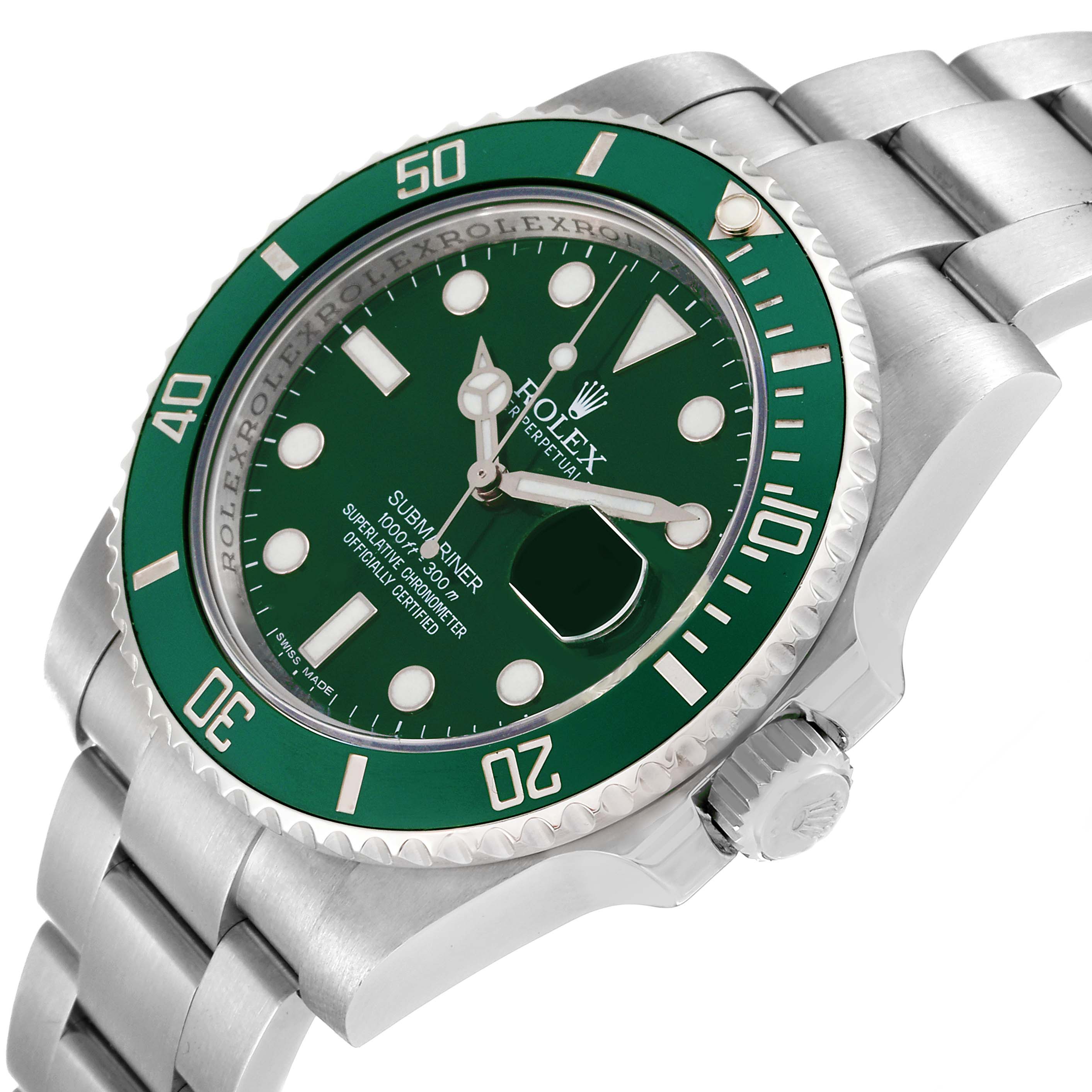 This image shows a close-up of the Rolex Submariner 116610LV Men's Stainless Steel Green Dial 116610LV Men's Stainless Steel Green Dial watch at an angle, highlighting the green bezel, dial, and stainless steel bracelet.