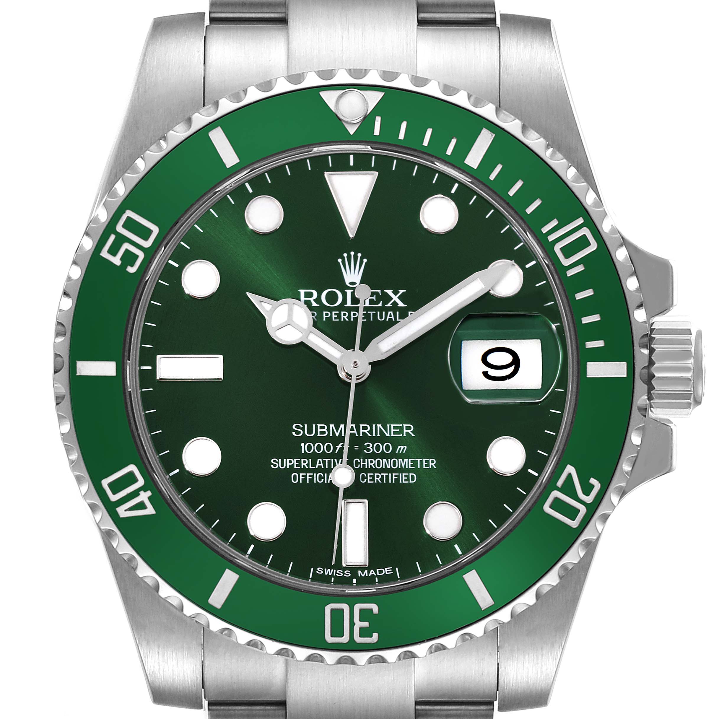 The image shows a front view of a Rolex Submariner 116610LV Men's Stainless Steel Green Dial 116610LV Men's Stainless Steel Green Dial watch with a green bezel, dial, and date display.