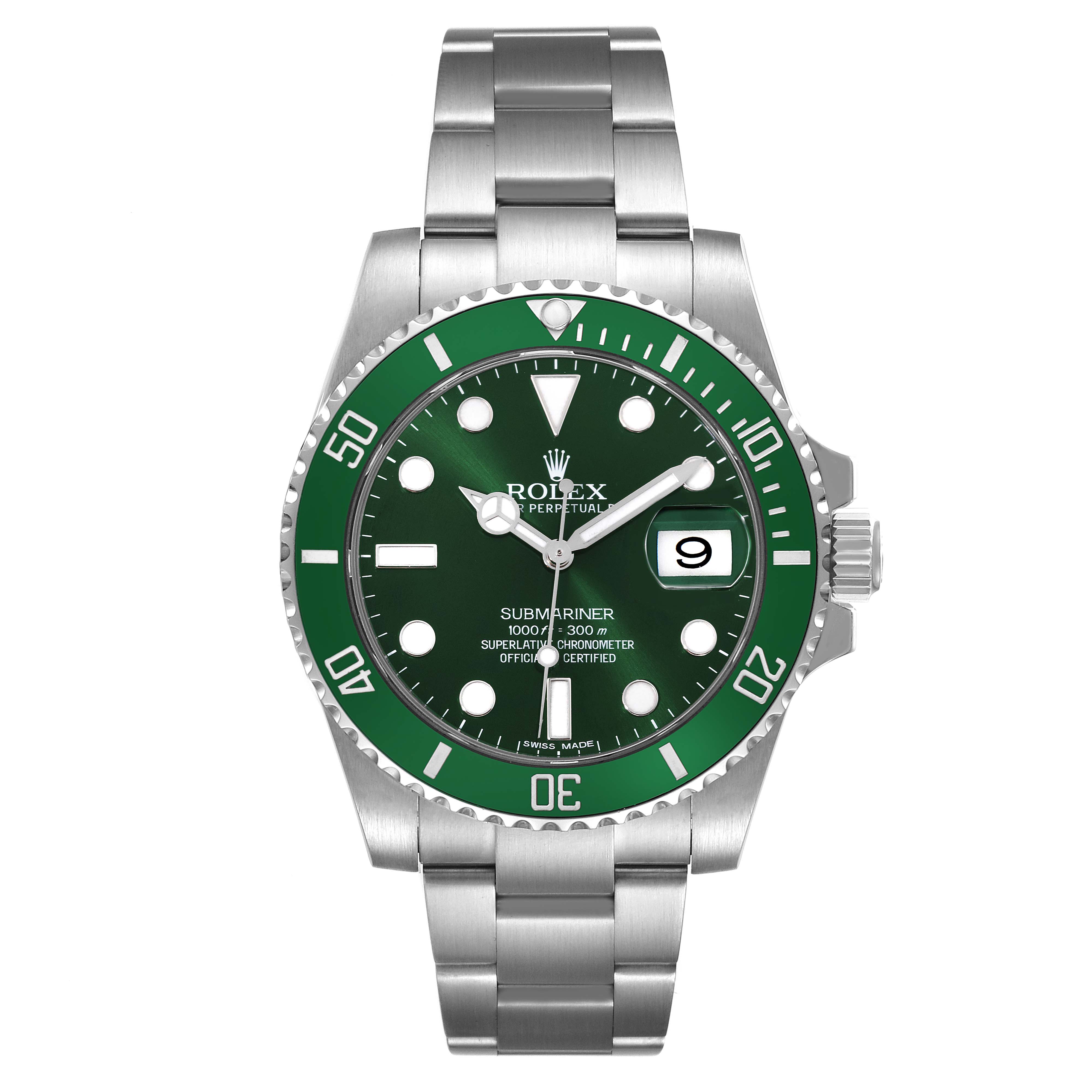 This image shows a frontal view of a Rolex Submariner 116610LV Men's Stainless Steel Green Dial 116610LV Men's Stainless Steel Green Dial watch featuring a green bezel and dial.