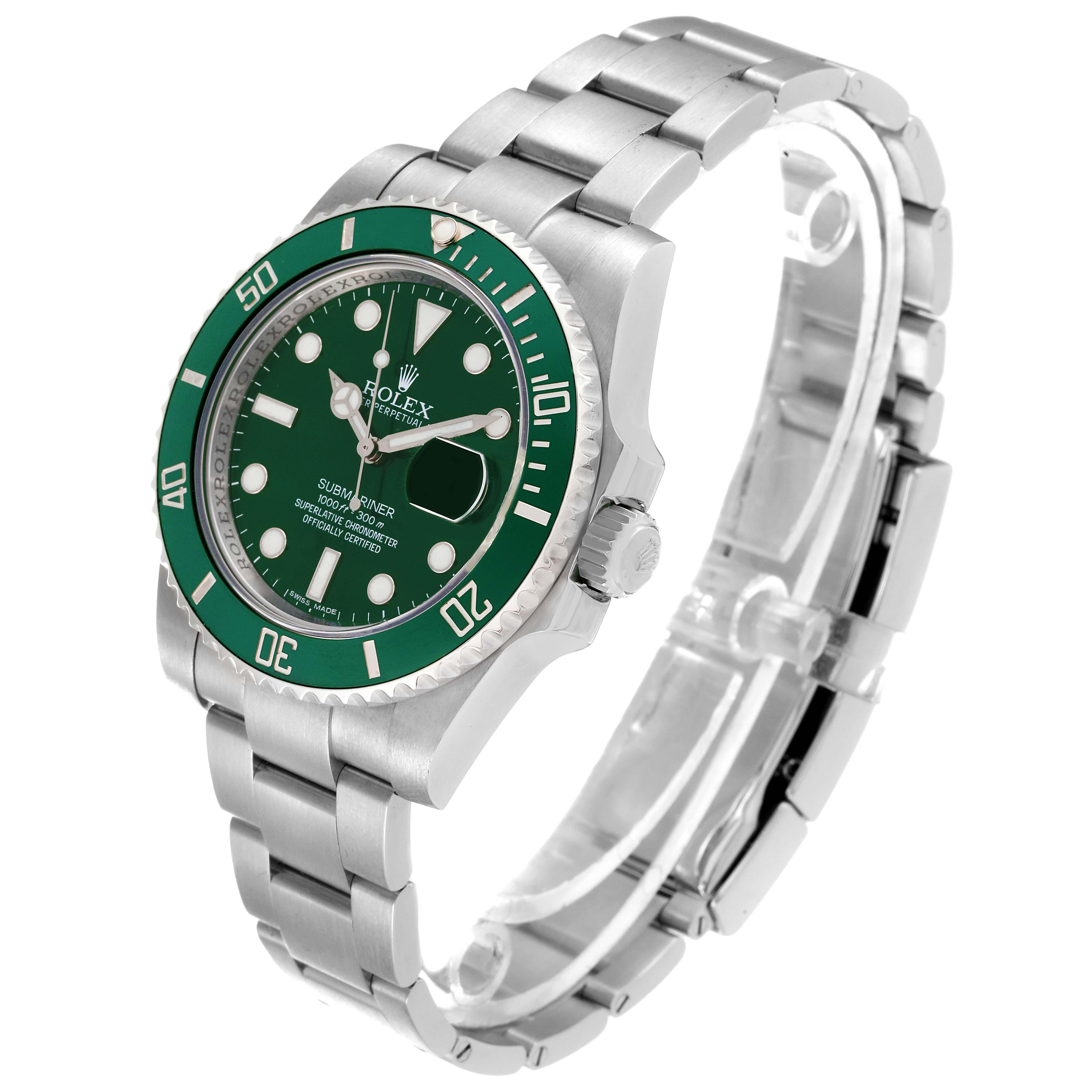 The image shows a Rolex Submariner 116610LV Men's Stainless Steel Green Dial 116610LV Men's Stainless Steel Green Dial watch at an angled side view, highlighting its green bezel, dial, and metal bracelet.