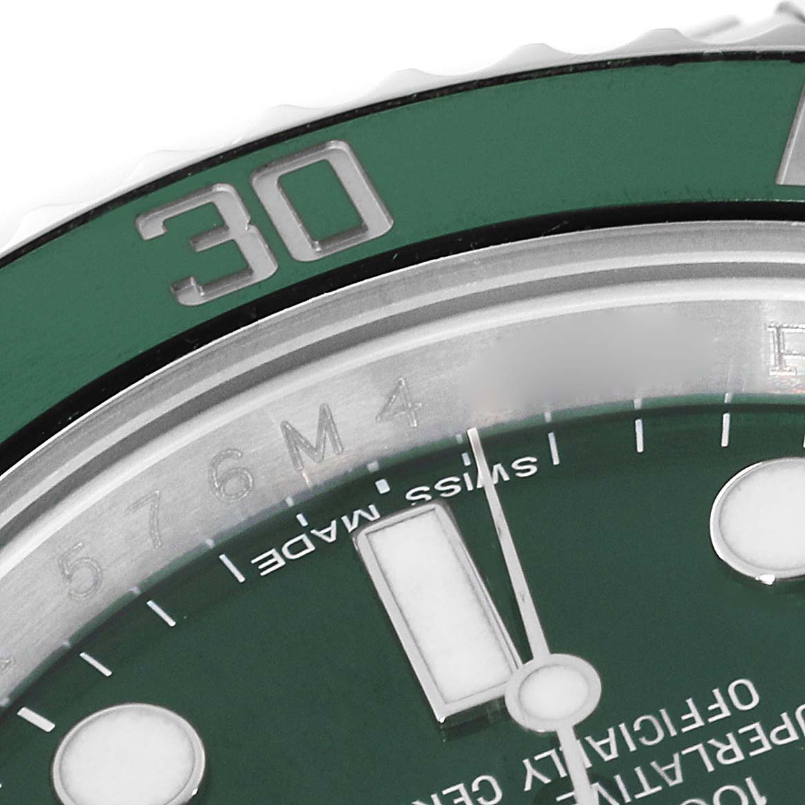 This close-up image of the Rolex Submariner 116610LV Men's Stainless Steel Green Dial 116610LV Men's Stainless Steel Green Dial shows the green bezel with the '30' marker, part of the dial, and 'Swiss Made' text.