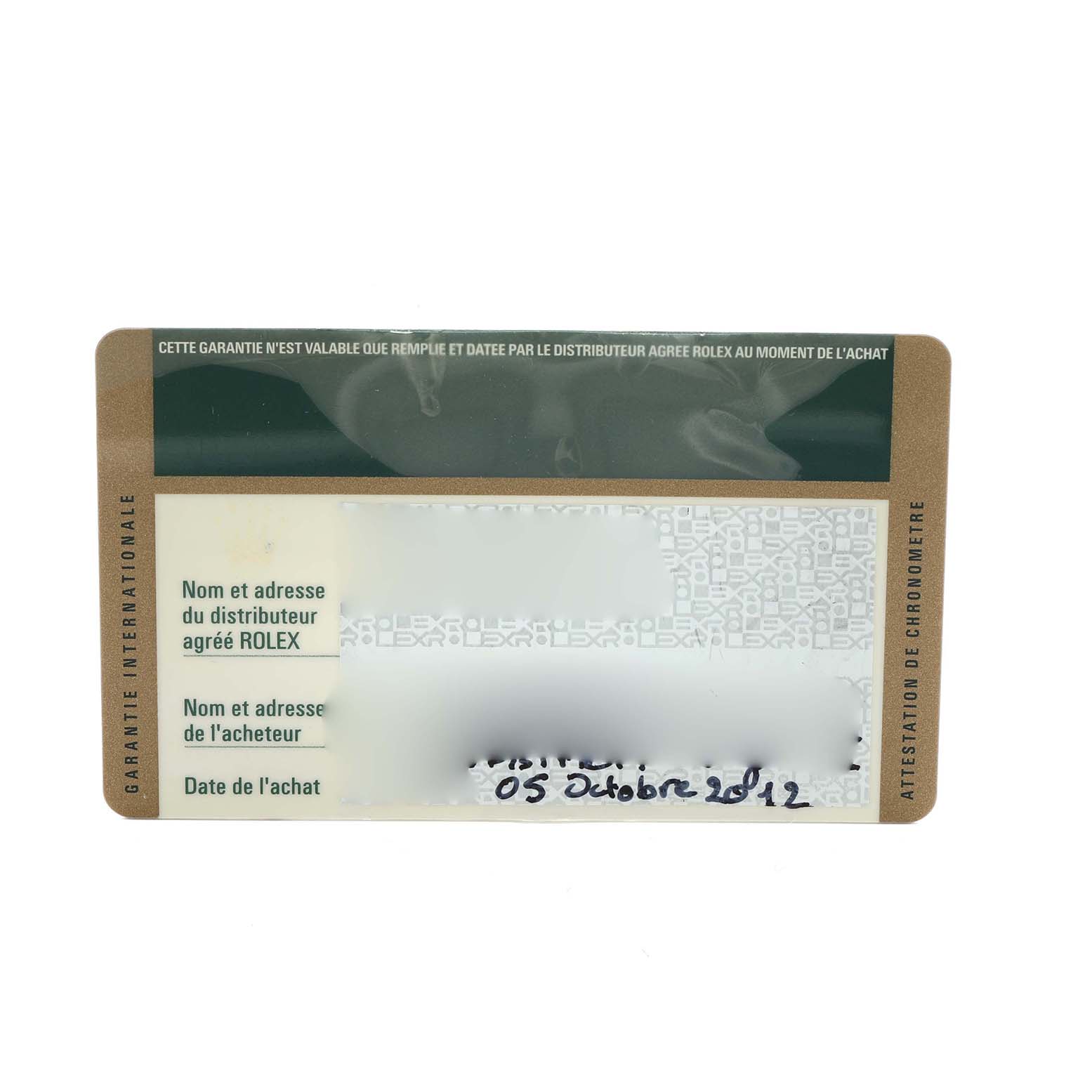 The image shows a warranty card for a Rolex Submariner 116610LV Men's Stainless Steel Green Dial, with text fields partially obscured.