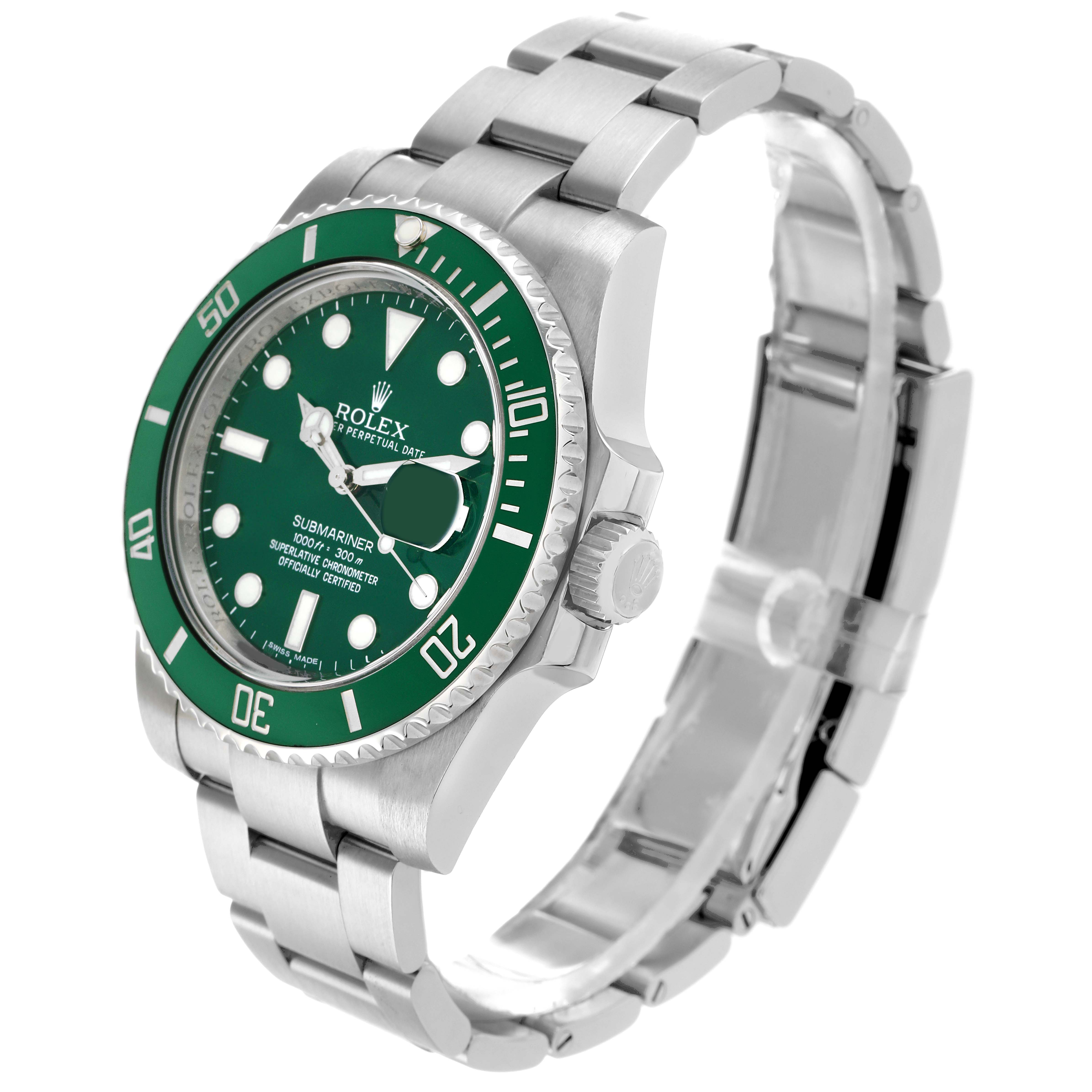 The Rolex Submariner 116610LV Men's Stainless Steel Green Dial is shown at a side angle, displaying the green bezel, dial, crown, and bracelet links.