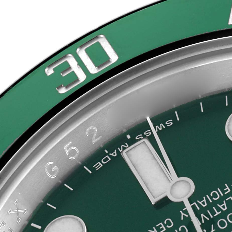 The image shows a close-up of the bezel and partial dial of a Rolex Submariner 116610LV Men's Stainless Steel Green Dial, highlighting the "30" marker and details.