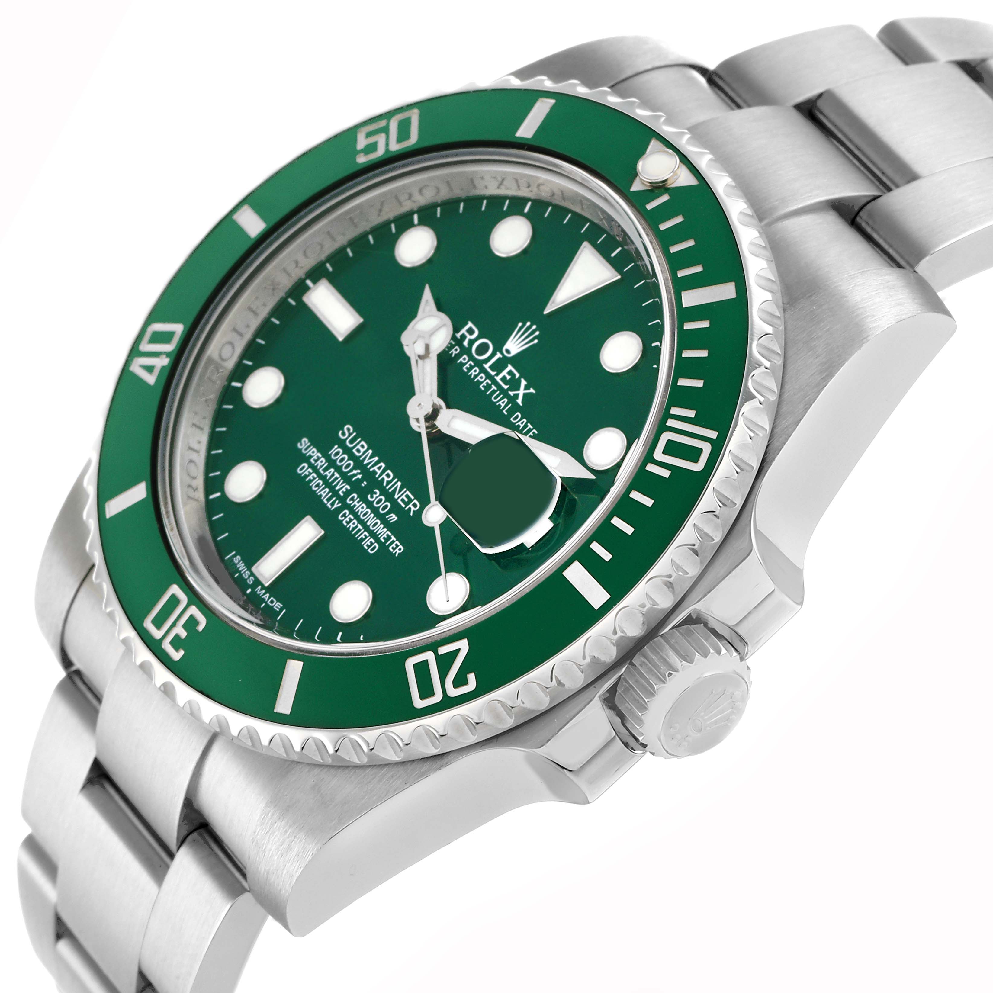 The Rolex Submariner 116610LV Men's Stainless Steel Green Dial watch is shown at a three-quarter angle, displaying the bezel, dial, crown, and bracelet.