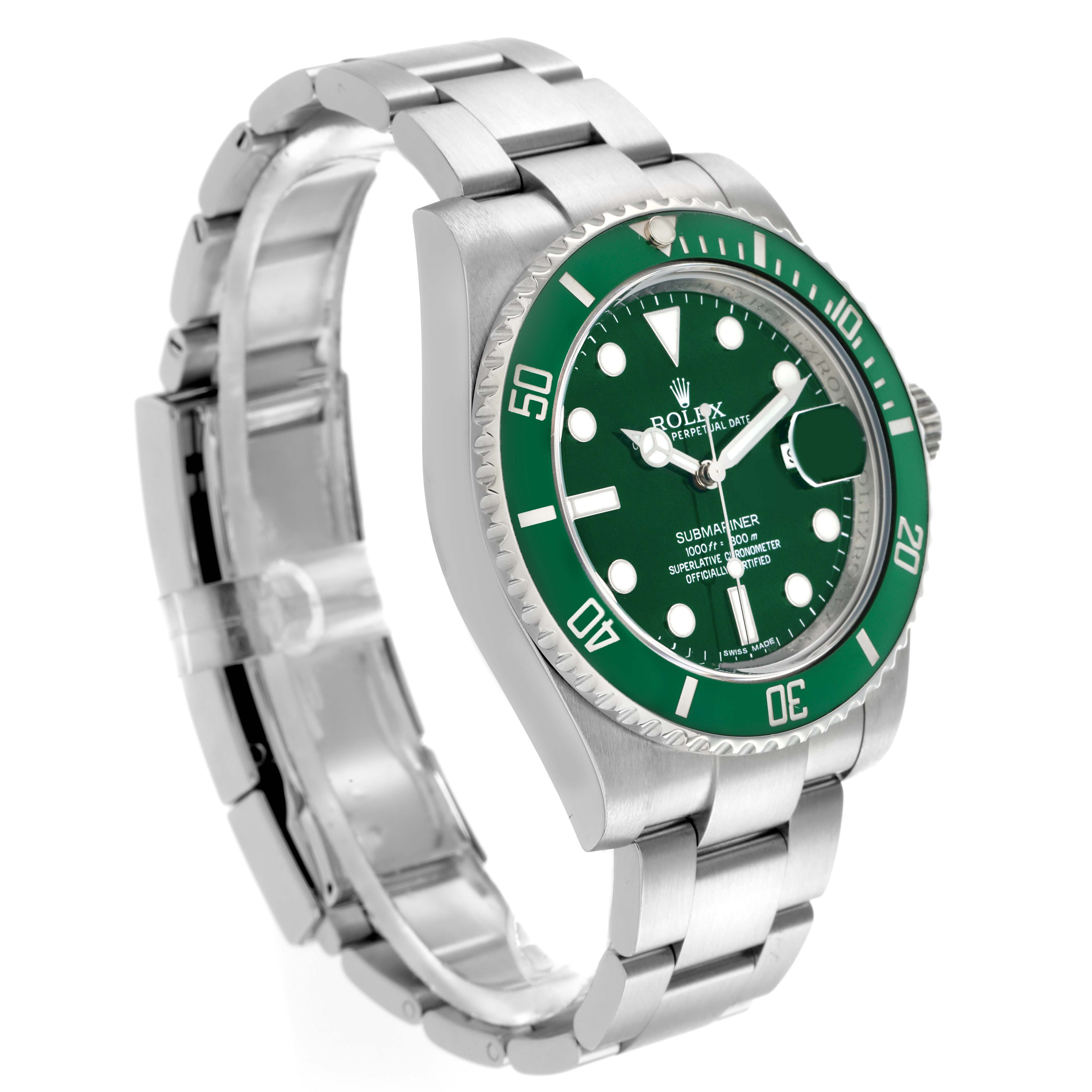 The Rolex Submariner 116610LV Men's Stainless Steel Green Dial is shown at a slight angle, highlighting the green bezel, dial, and stainless steel bracelet.