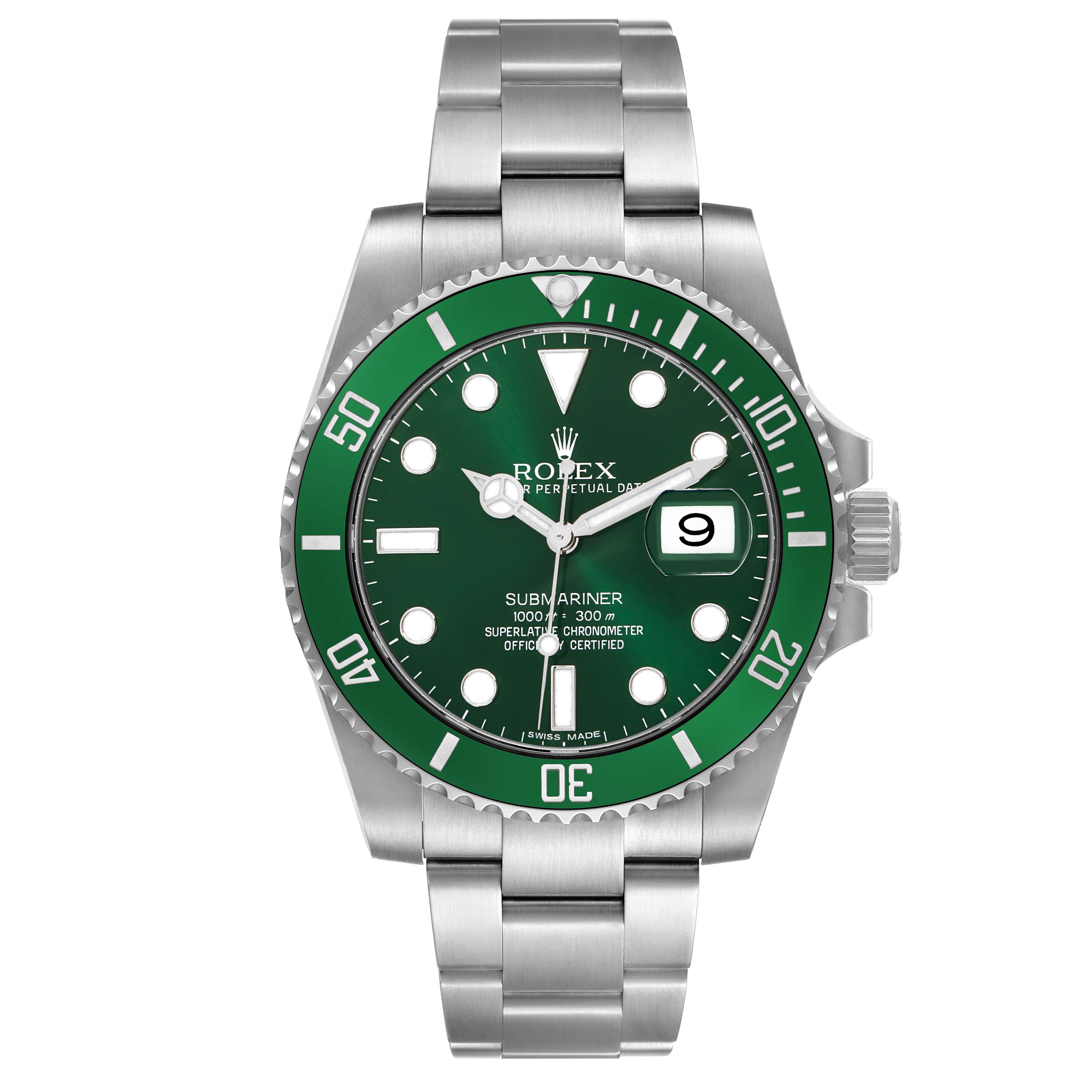 The Rolex Submariner 116610LV Men's Stainless Steel Green Dial watch is shown from a front angle, highlighting the green dial, bezel, and metal bracelet.
