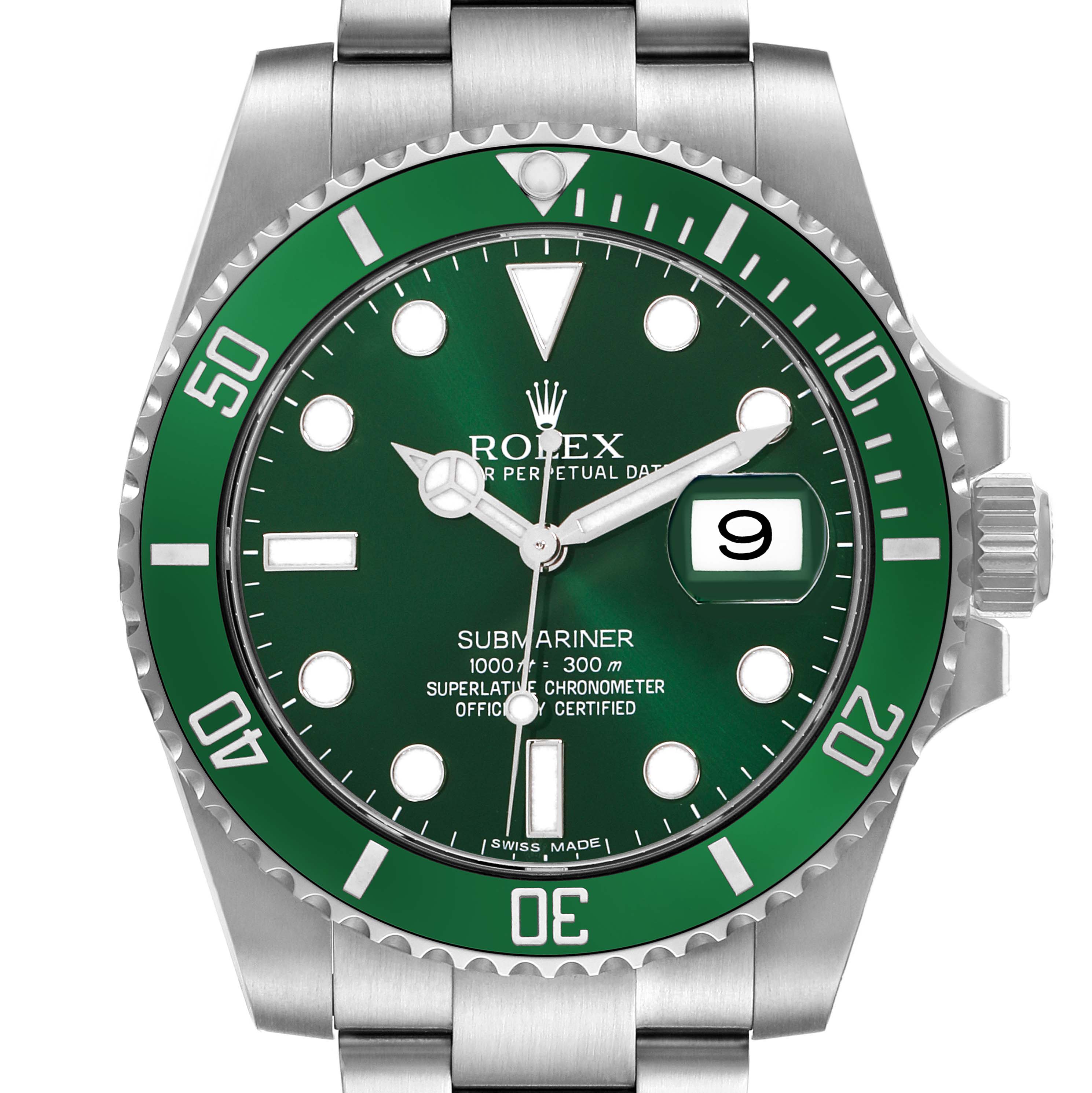 The Rolex Submariner 116610LV Men's Stainless Steel Green Dial watch is shown from a front angle, highlighting the green bezel, dial, hands, and date window.