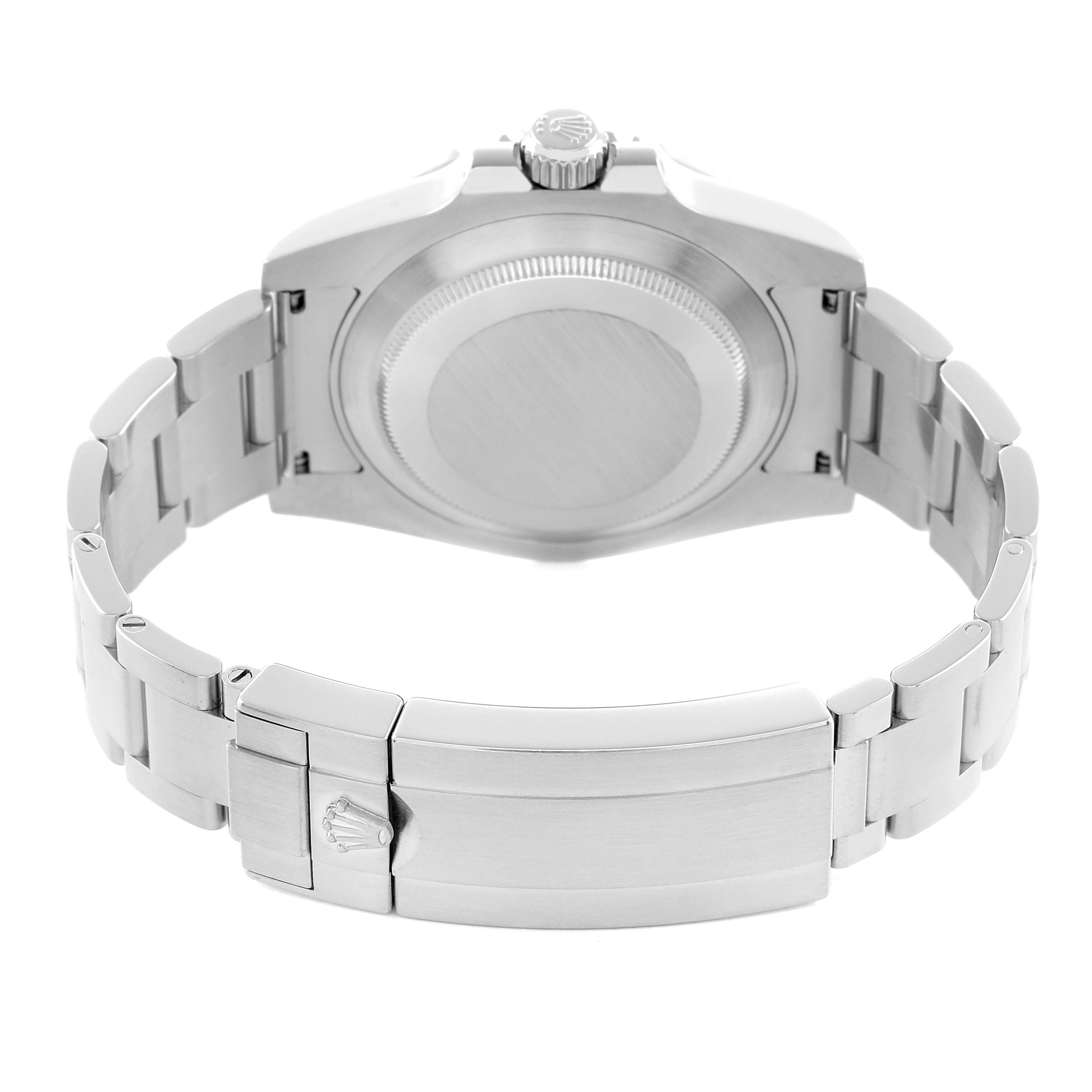 The image shows the back case and bracelet of the Rolex Submariner 116610LV Men's Stainless Steel Green Dial, focusing on the clasp and case back.