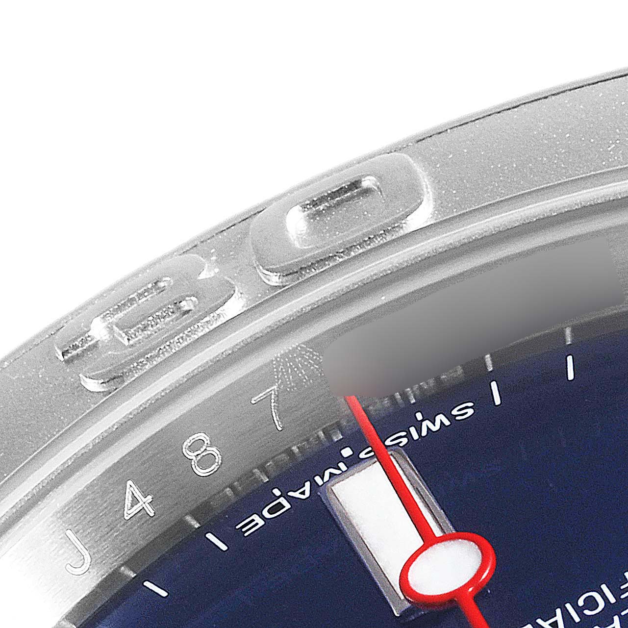 This close-up image shows part of the bezel and dial of the Rolex Yacht-Master 116622 Women's Stainless Steel Blue Dial 116622 Women's Stainless Steel Blue Dial watch, highlighting the numbers and hand.