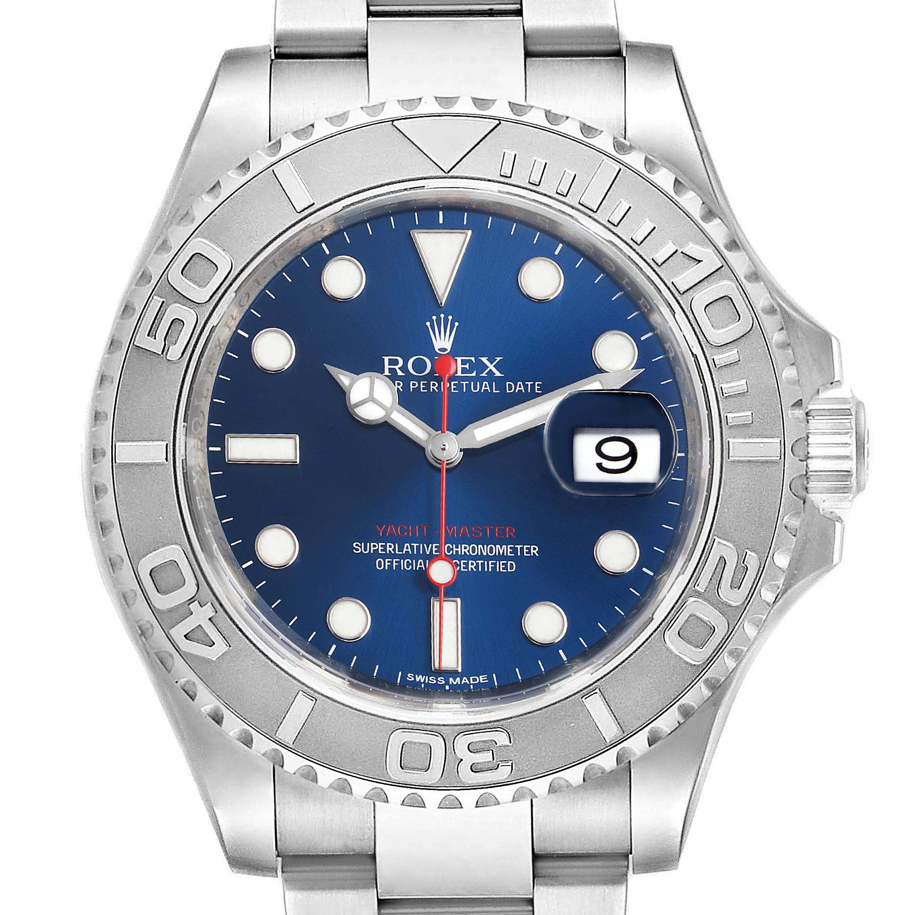 The Rolex Yacht-Master 116622 Women's Stainless Steel Blue Dial 116622 Women's Stainless Steel Blue Dial watch is shown from a front angle, displaying the bezel, dial, hands, date window, and part of the bracelet.