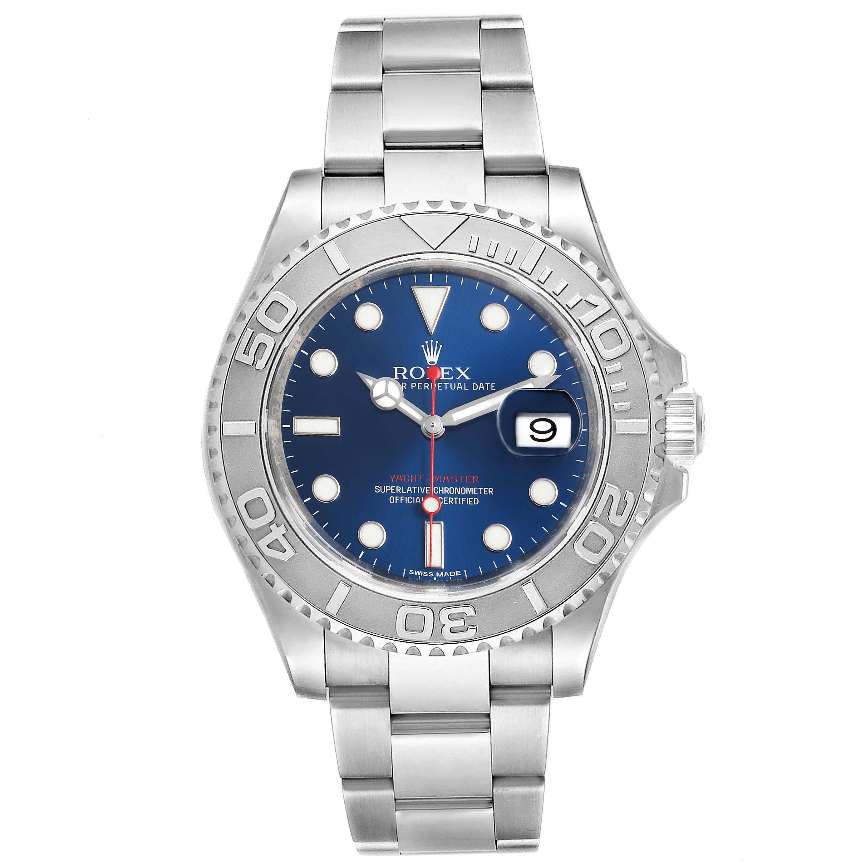 The image shows a Rolex Yacht-Master 116622 Women's Stainless Steel Blue Dial 116622 Women's Stainless Steel Blue Dial watch from a front angle, displaying its blue dial, date window, and stainless steel bracelet.