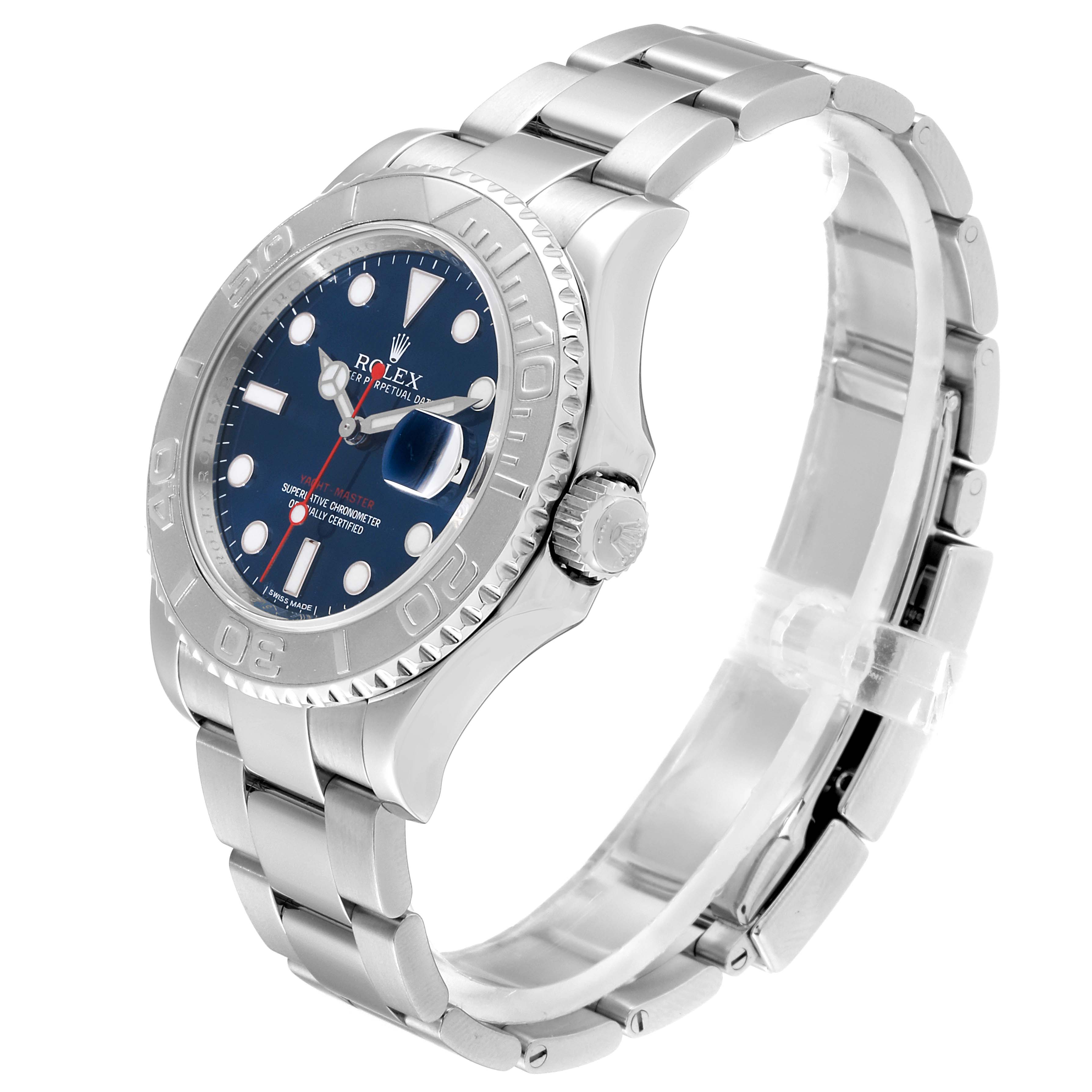 The image shows a Rolex Yacht-Master 116622 Women's Stainless Steel Blue Dial 116622 Women's Stainless Steel Blue Dial watch at a three-quarter angle, highlighting the face, bezel, crown, and bracelet.