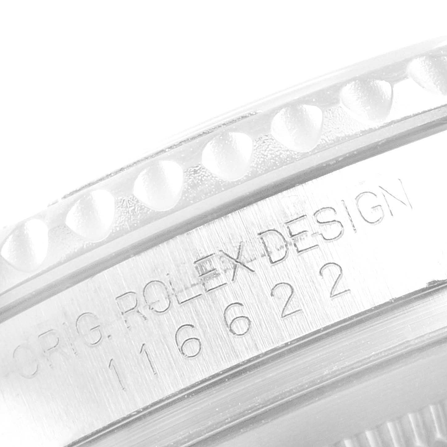 The image shows a close-up of the bezel and case side on a Rolex Yacht-Master 116622 Women's Stainless Steel Blue Dial 116622 Women's Stainless Steel Blue Dial watch.