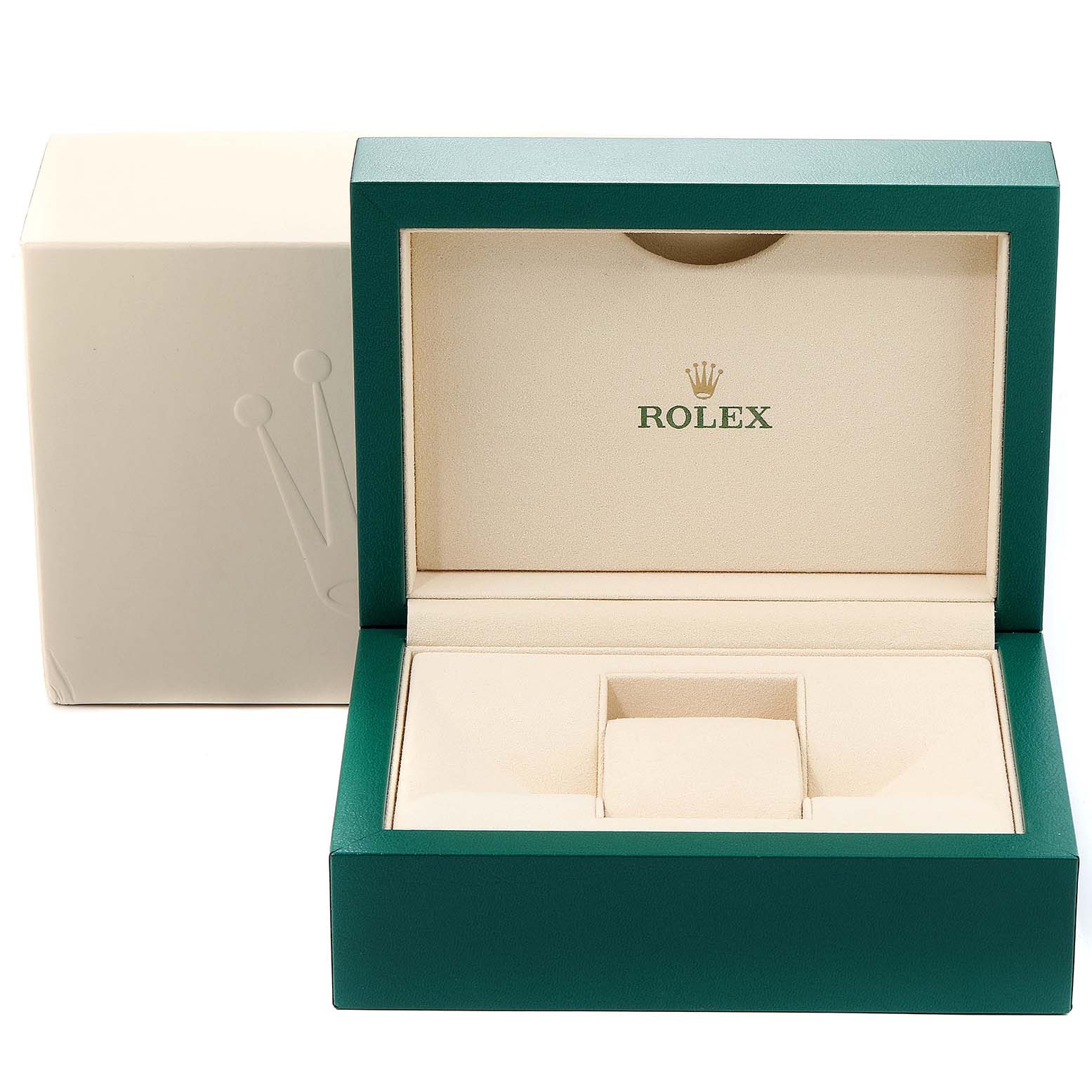 The image shows the interior and exterior of the Rolex Yacht-Master 116622 Women's Stainless Steel Blue Dial 116622 Women's Stainless Steel Blue Dial watch box, emphasizing its green and cream color scheme.