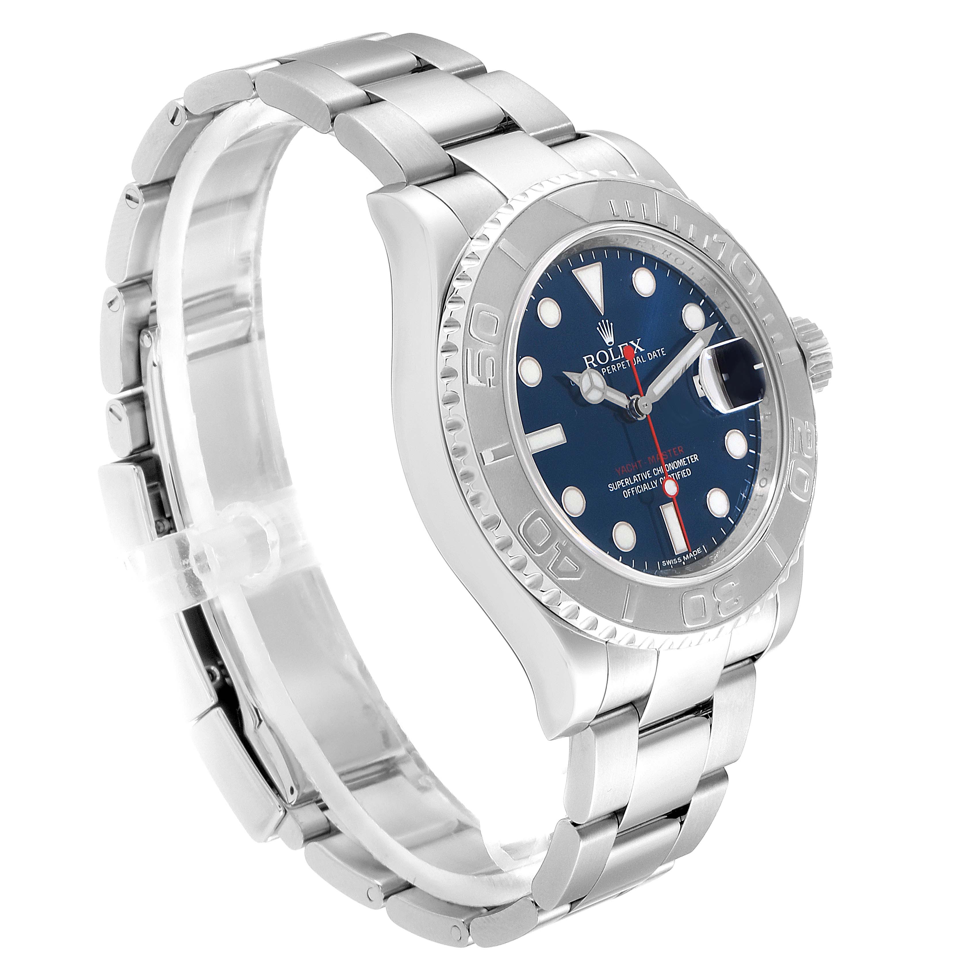 The Rolex Yacht-Master 116622 Women's Stainless Steel Blue Dial 116622 Women's Stainless Steel Blue Dial watch is shown at an angle highlighting the face, bezel, crown, and the stainless steel bracelet.