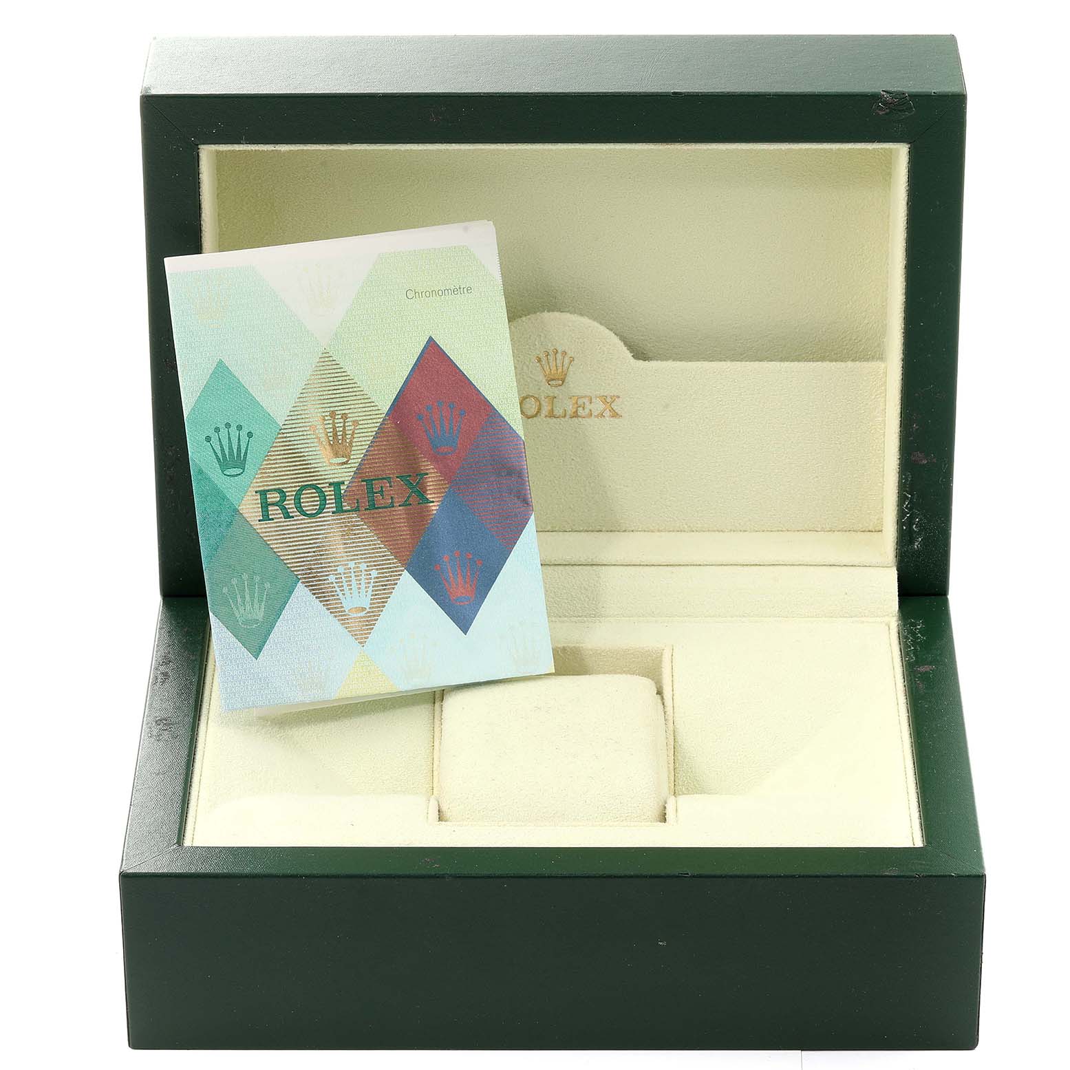 The image shows an open Rolex Yacht-Master 16622 Men's Stainless Steel Silver Dial 16622 Men's Stainless Steel Silver Dial watch box with a manual inside.