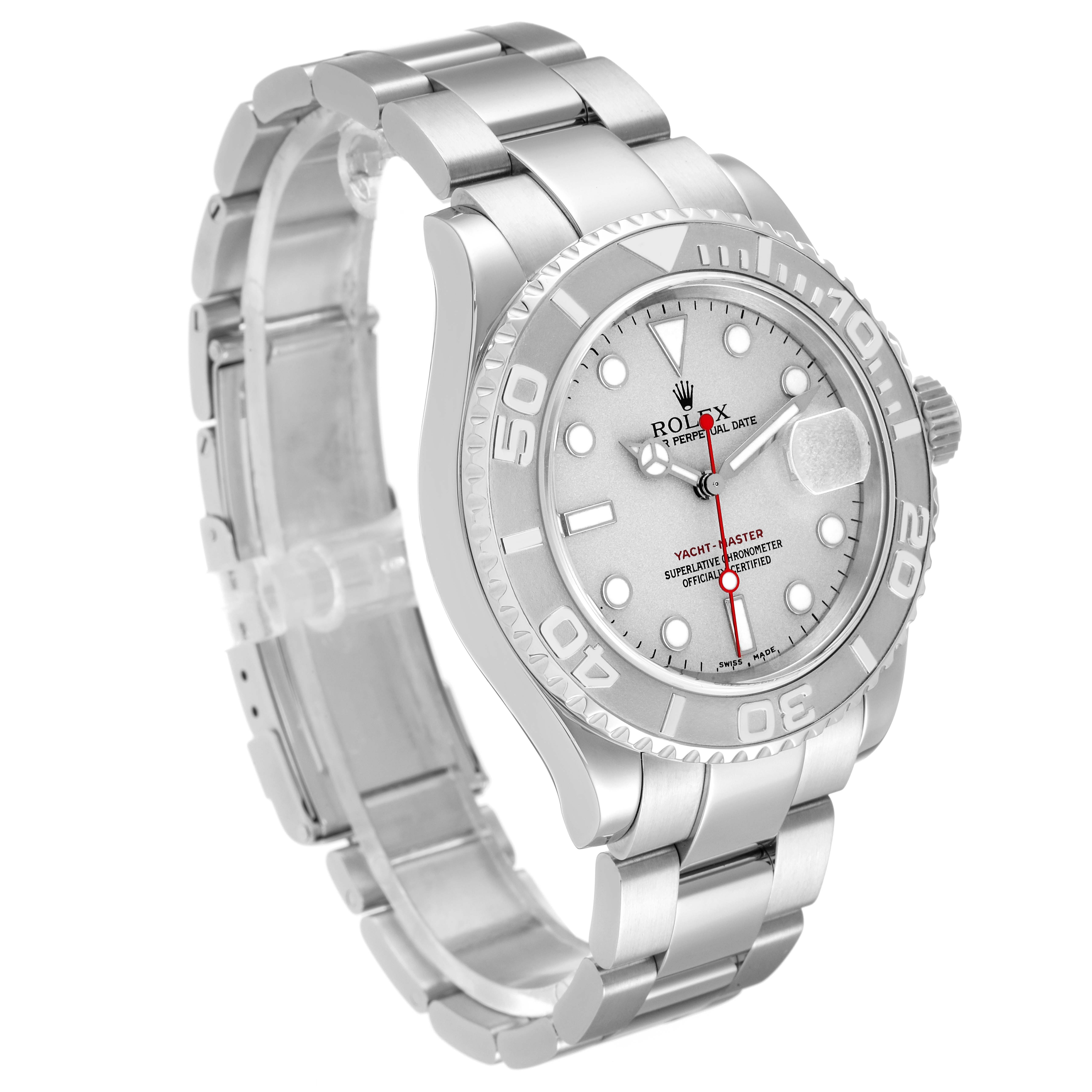 The image shows a Rolex Yacht-Master 16622 Men's Stainless Steel Silver Dial 16622 Men's Stainless Steel Silver Dial watch at a slight angle, highlighting the case, bracelet, and bezel.