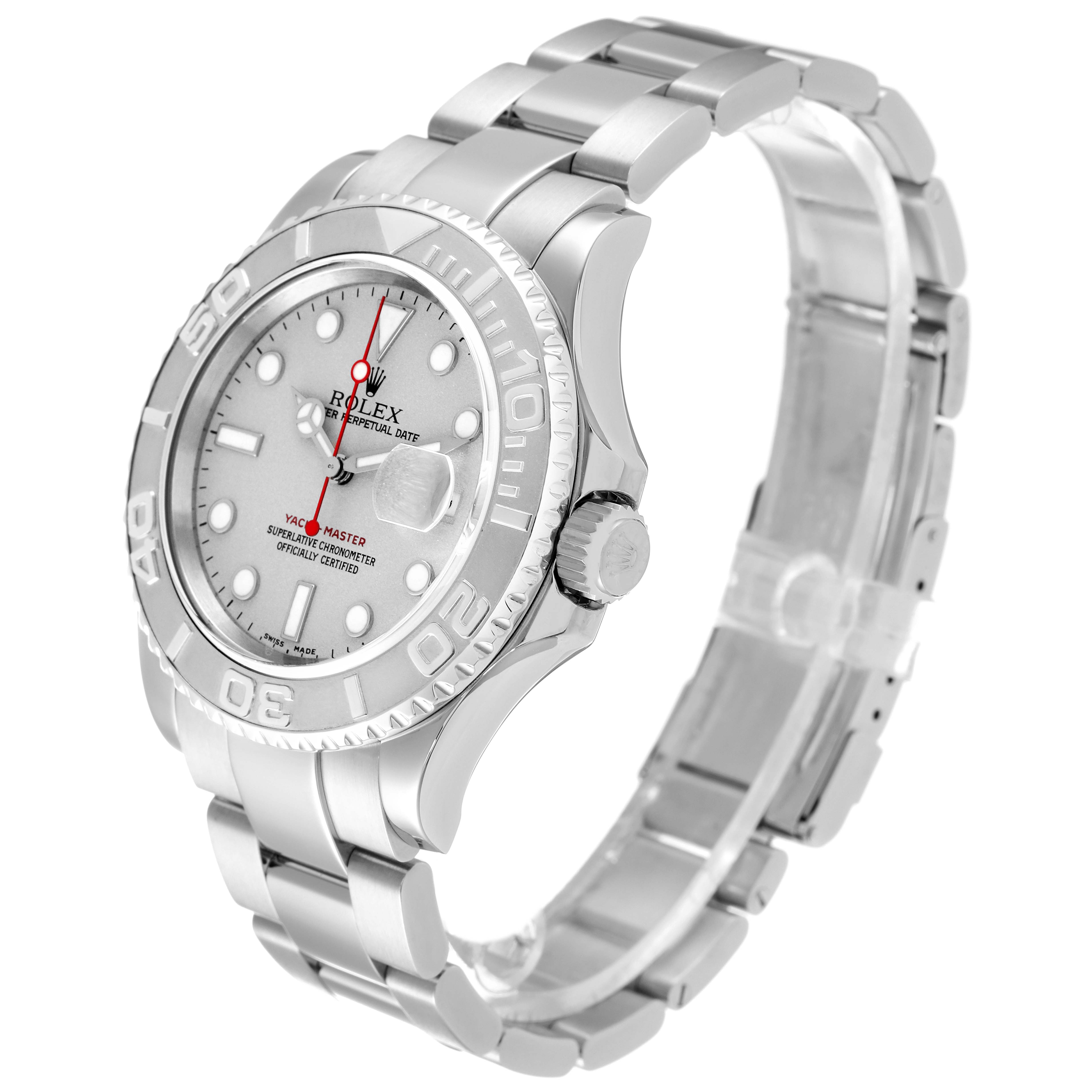 The Rolex Yacht-Master 16622 Men's Stainless Steel Silver Dial 16622 Men's Stainless Steel Silver Dial watch is shown at a front and slightly side angle, displaying the dial, bezel, crown, and bracelet.