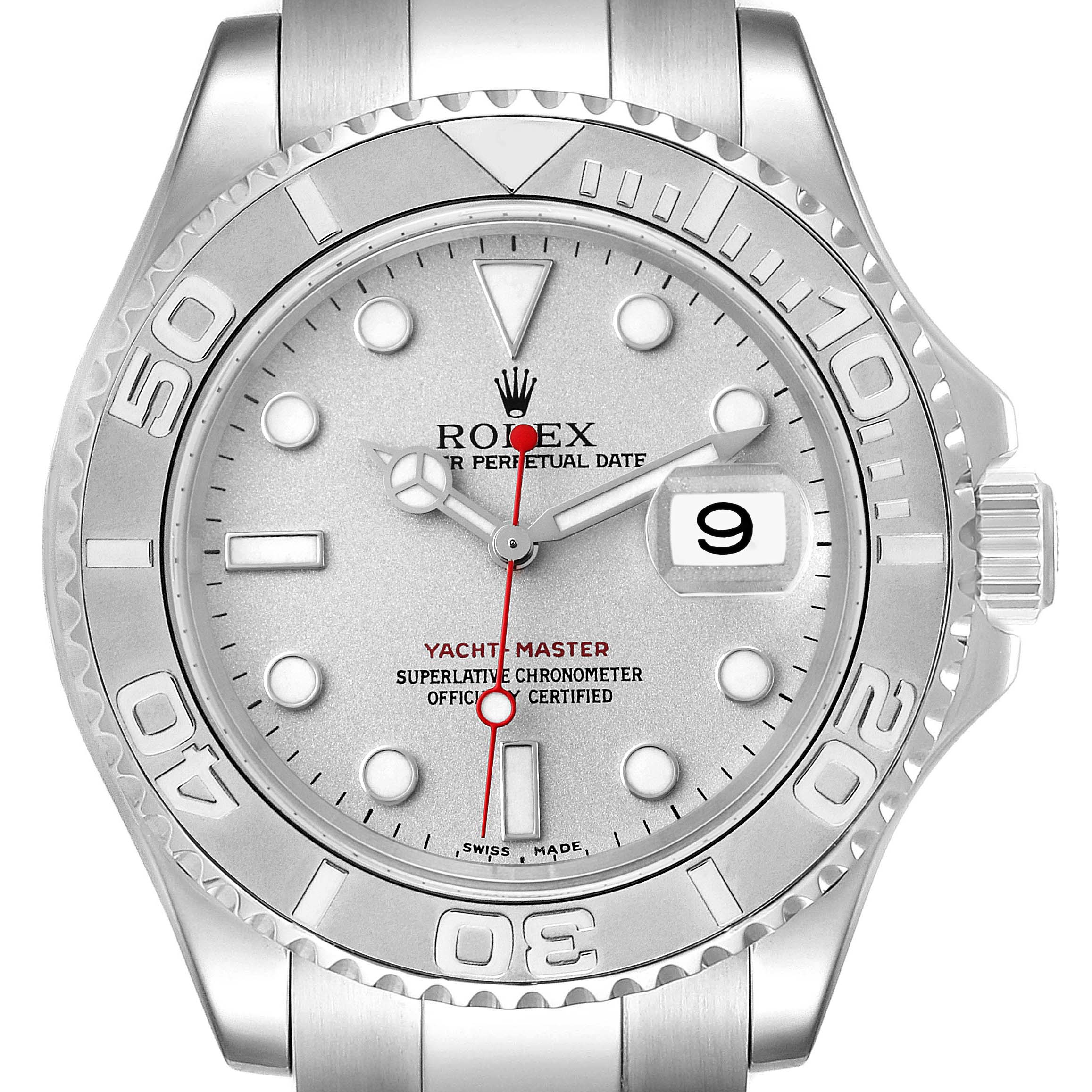 The image shows a frontal view of the Rolex Yacht-Master 16622 Men's Stainless Steel Silver Dial 16622 Men's Stainless Steel Silver Dial watch, highlighting its dial, bezel, and part of the bracelet.