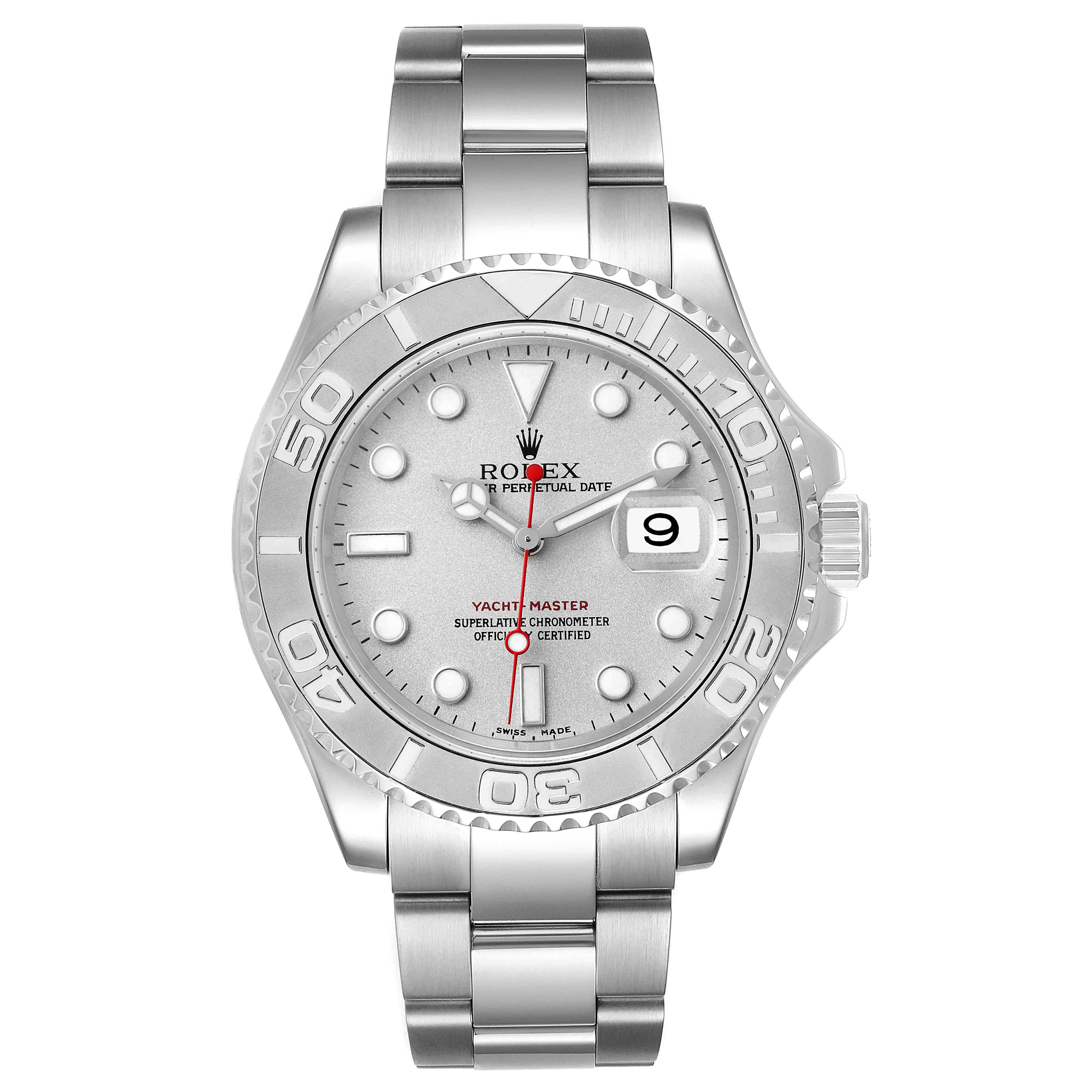 The image shows a front view of the Rolex Yacht-Master 16622 Men's Stainless Steel Silver Dial 16622 Men's Stainless Steel Silver Dial watch, displaying the dial, bezel, and bracelet clearly.