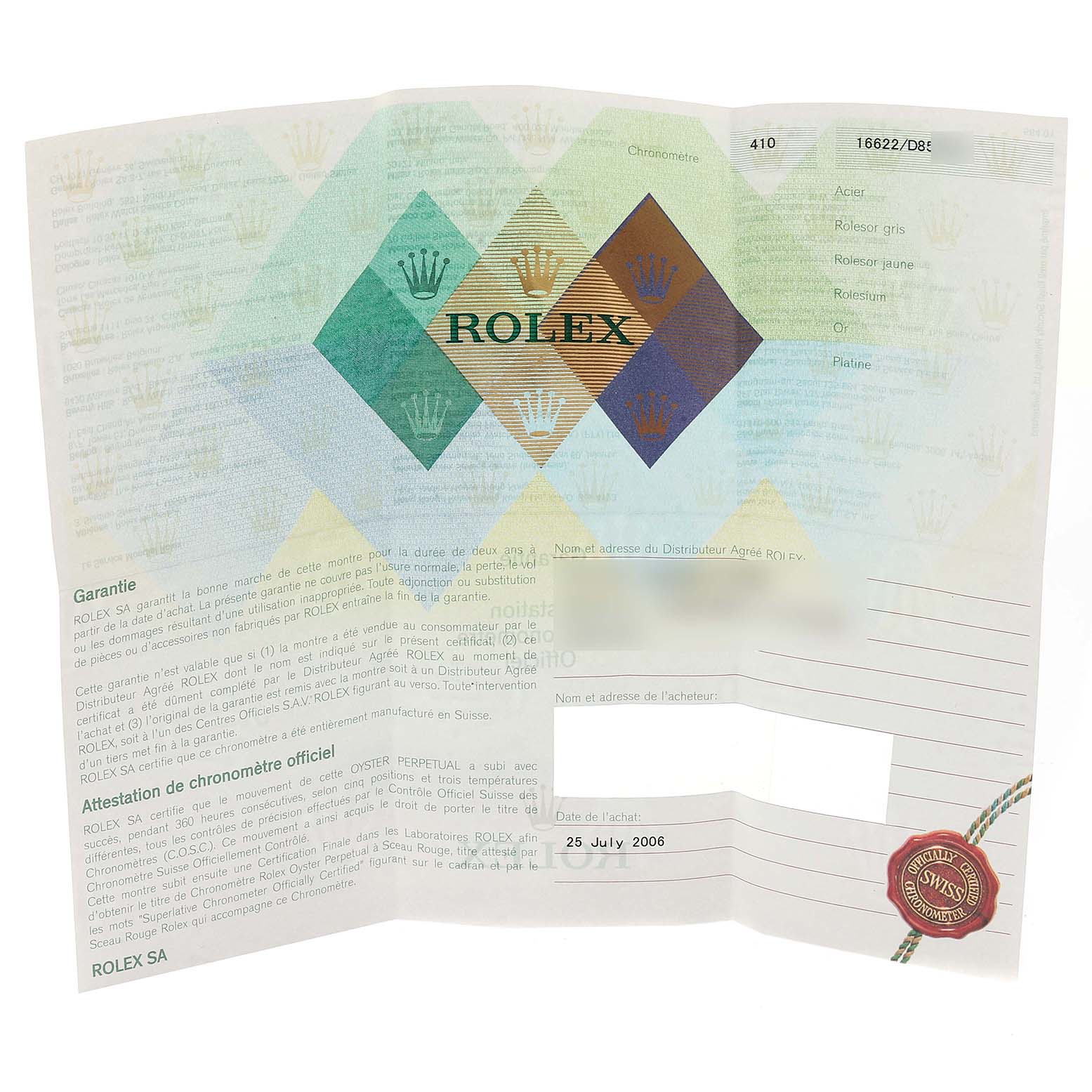 This image shows a warranty or guarantee certificate for a Rolex Yacht-Master 16622 Men's Stainless Steel Silver Dial 16622 Men's Stainless Steel Silver Dial watch.