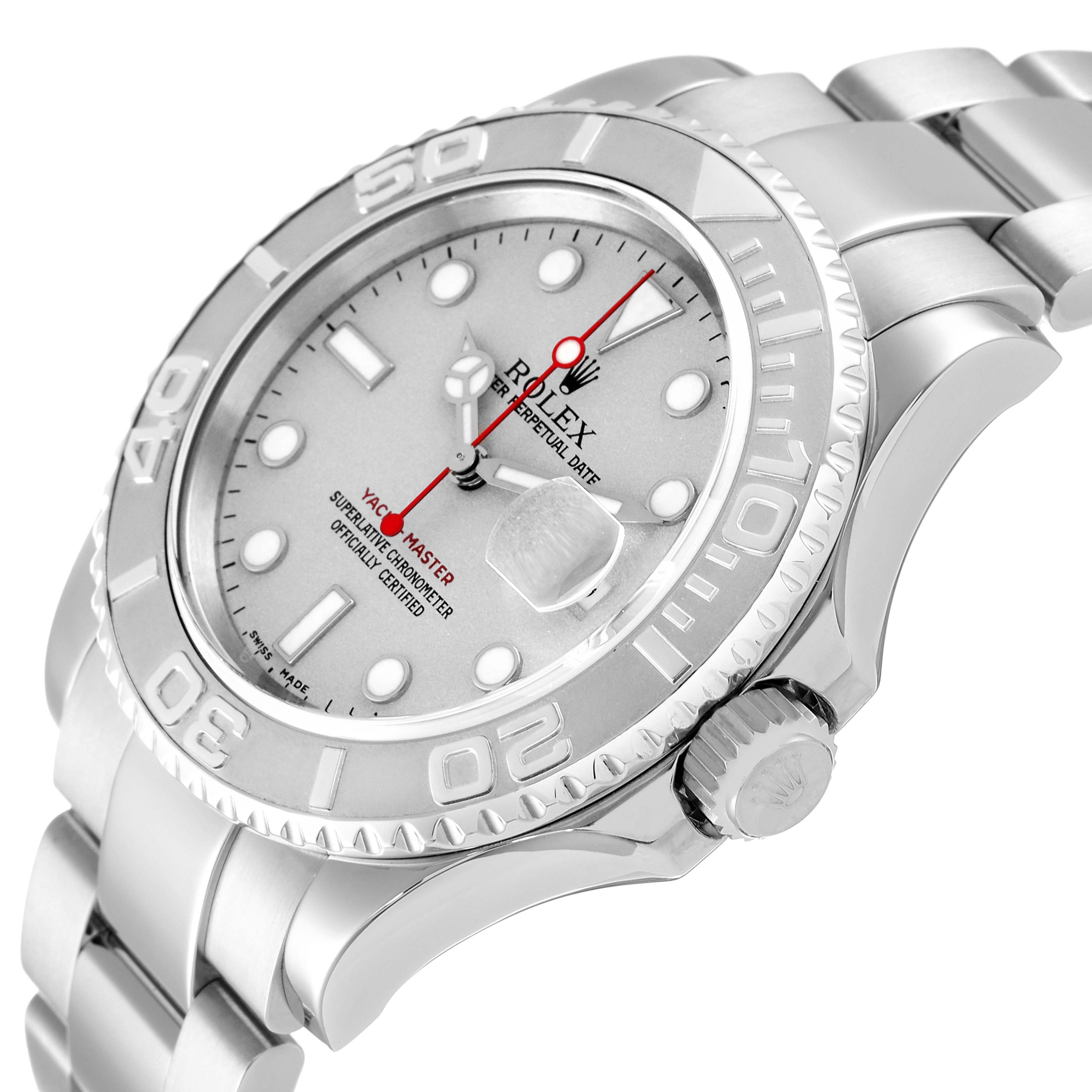 The image shows a Rolex Yacht-Master 16622 Men's Stainless Steel Silver Dial 16622 Men's Stainless Steel Silver Dial watch at an angled view, highlighting its dial, bezel, crown, and part of the bracelet.