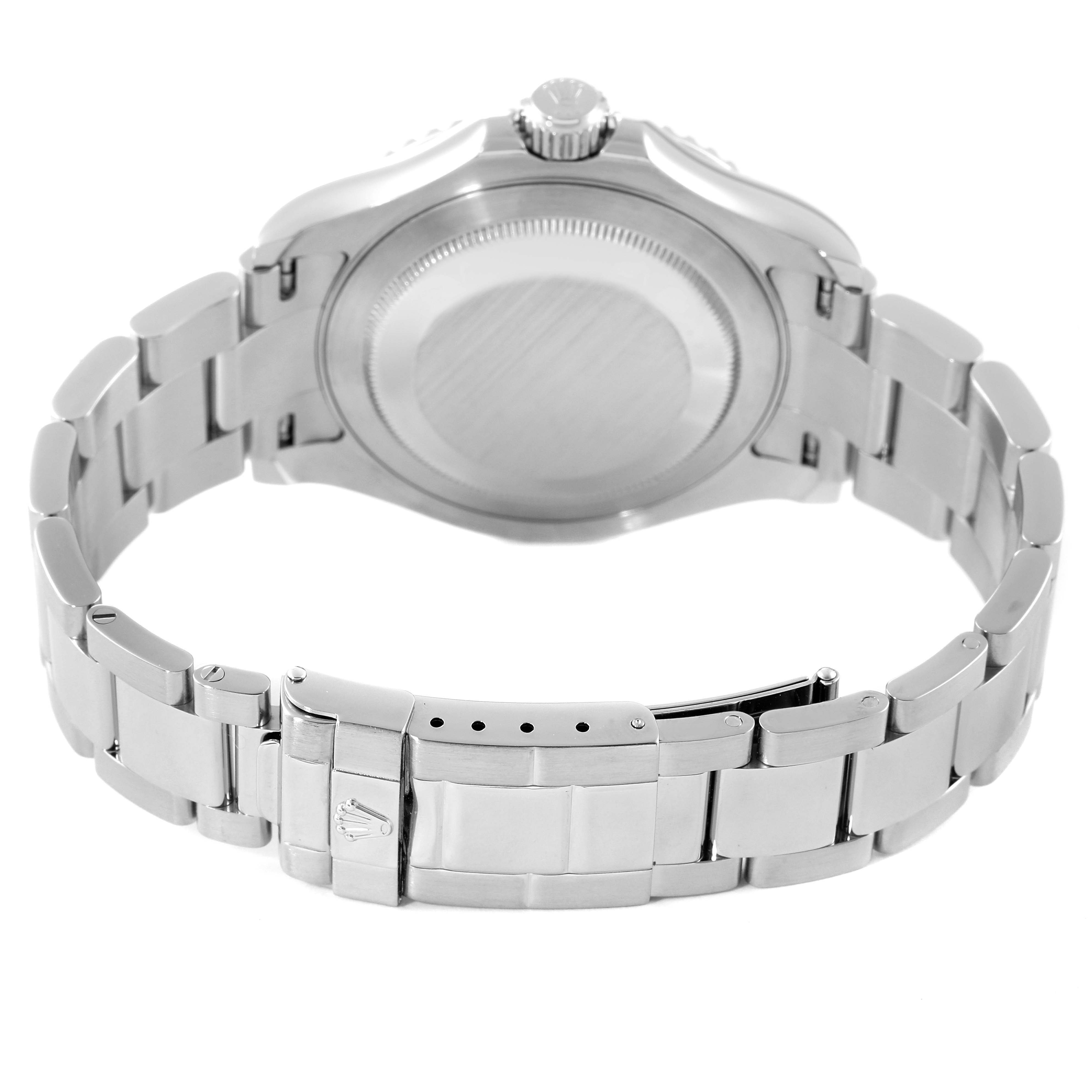 The image shows the back view of a Rolex Yacht-Master 16622 Men's Stainless Steel Silver Dial 16622 Men's Stainless Steel Silver Dial watch, highlighting its case back, bracelet, and clasp.