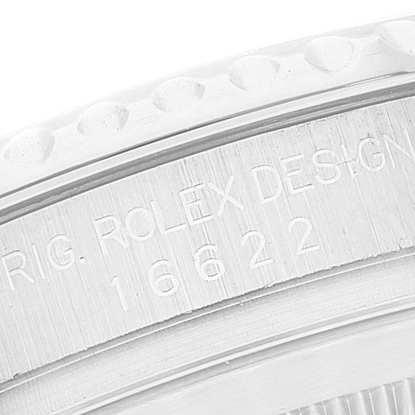 This close-up image shows the case edge and engravings of the Rolex Yacht-Master 16622 Men's Stainless Steel Silver Dial 16622 Men's Stainless Steel Silver Dial watch.