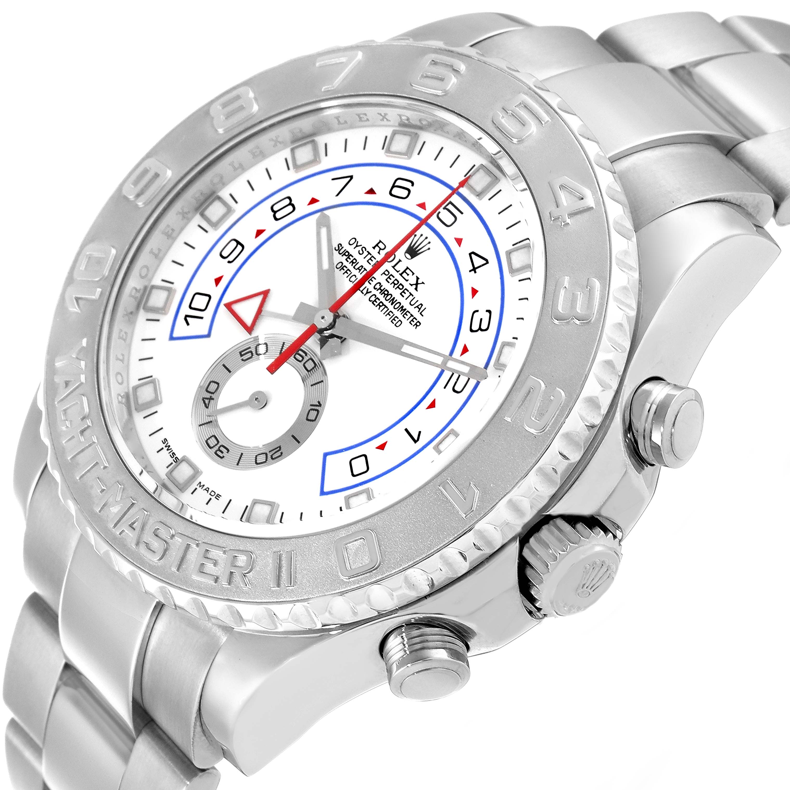 This image shows a close-up, angled view of the Rolex Yacht-Master 116689 Men's White Gold White Dial 116689 Men's White Gold White Dial watch, emphasizing the bezel, dial, and crown.