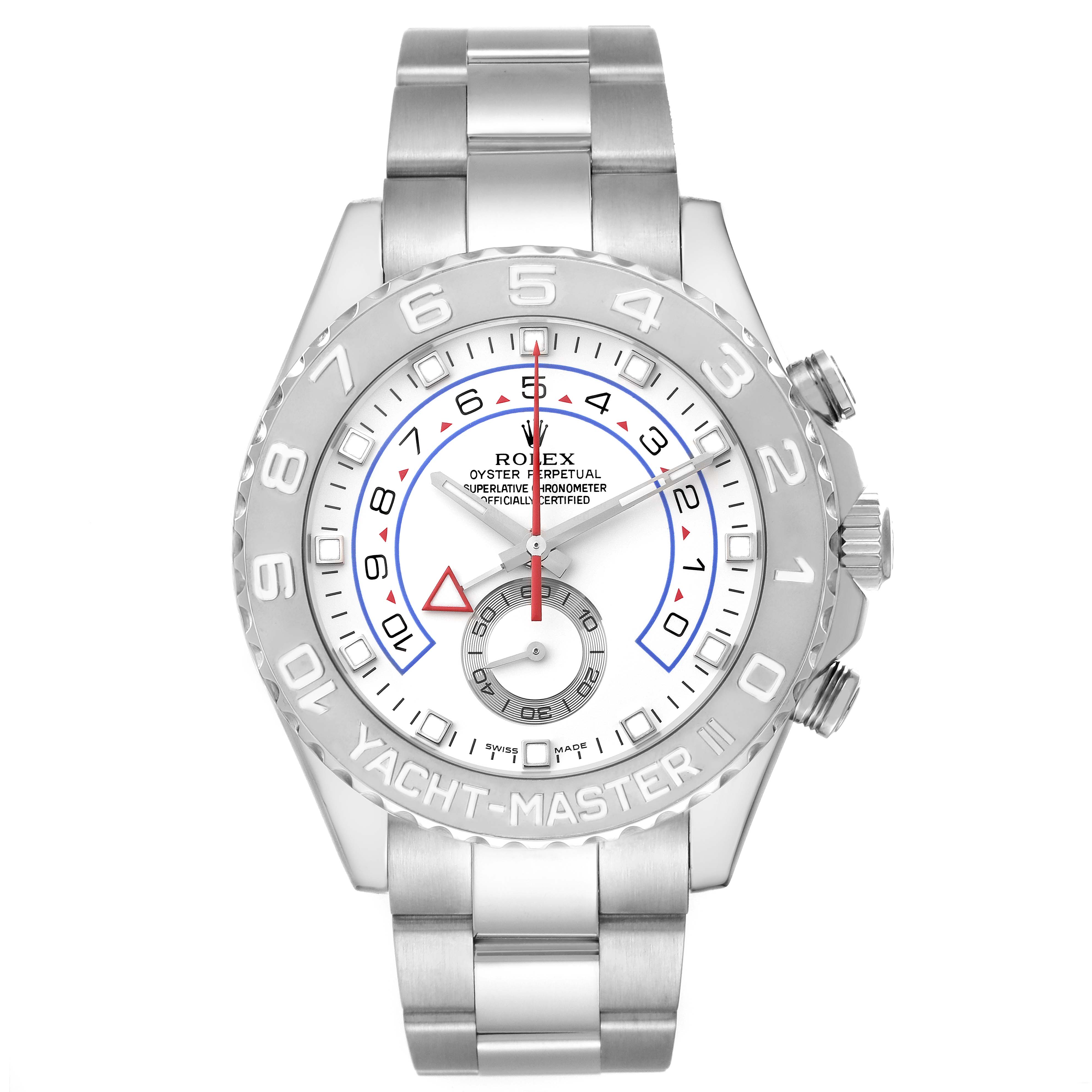 This image shows a frontal view of the Rolex Yacht-Master 116689 Men's White Gold White Dial 116689 Men's White Gold White Dial watch, featuring the dial, bezel, and bracelet.